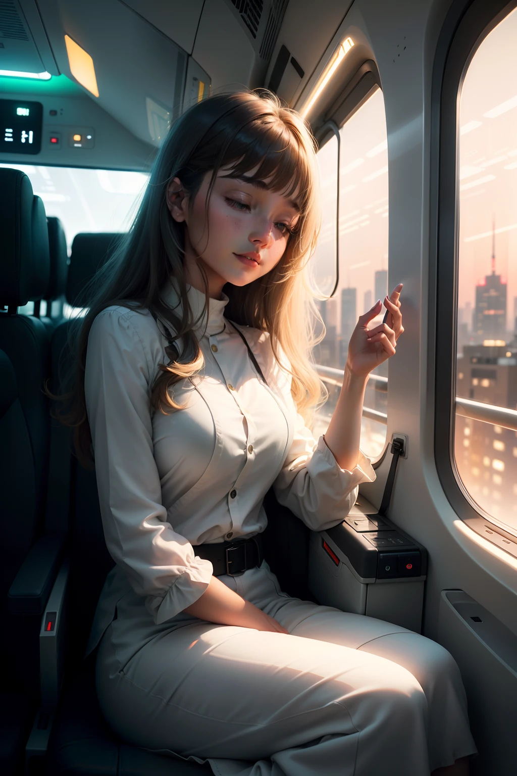 early evening, futuristic cities, High-speed transport, Flight speed:250km/h, Transparent windows, Passengers meditating, silence, rest, neon light, Interior lighting:2700K (warm color), Urban color: green grass(450nm), amarelo(580nm), Sunset light: 6000K, Soft indirect lighting:3000K, Horizontal Angle, Camera Distance:15m, temperature:22°C, optic:evening, Angle of light:65° diagonally upper left, wind velocity:3km/h, Passenger wrinkles:Depth 0.5mm, relaxed expression, cameraman:More than 10 years of experience