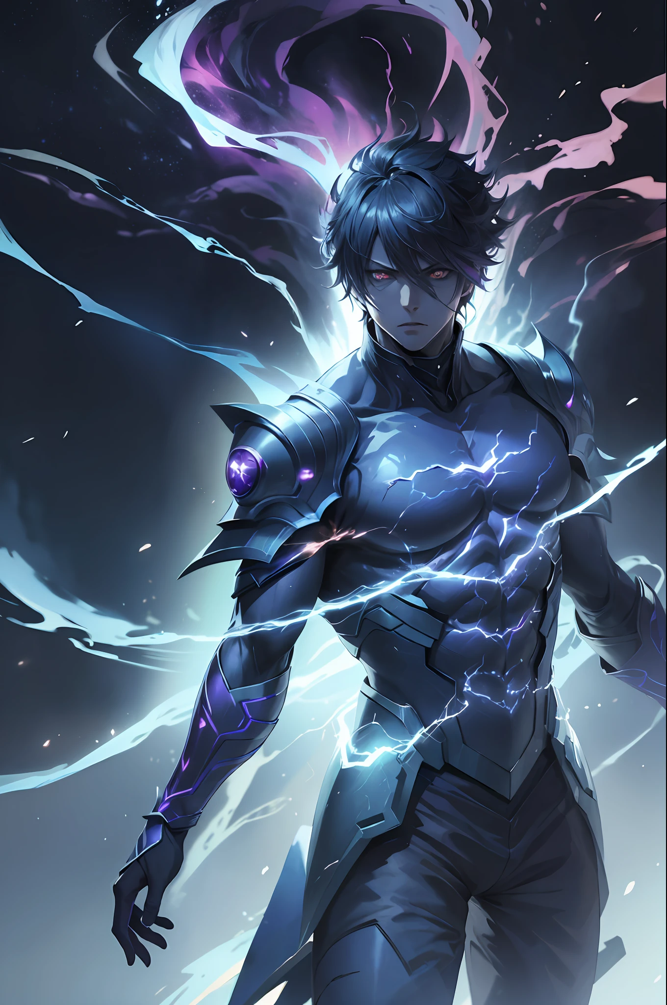 epic anime style, purple lightning, evil temperament, 20-year-old male shadow assassin, glowing black aura, shadow supervisor, handsome face, brilliant and majestic. Beautiful standard body and complete body structure. full body shot of a man with lightning in his hand, an epic anime about a purple energy man, in a battle stance with dark hair and glowing eyes looking at the viewer. Cool Gapmoe Yandere, menacing look, gintama's Hijikata Toushirou, inspired by Masanobu Okumura, the originator of the anime art style, Nobutaka Ike, the night war rages behind him. Highest image quality 8K, details everything 8K.