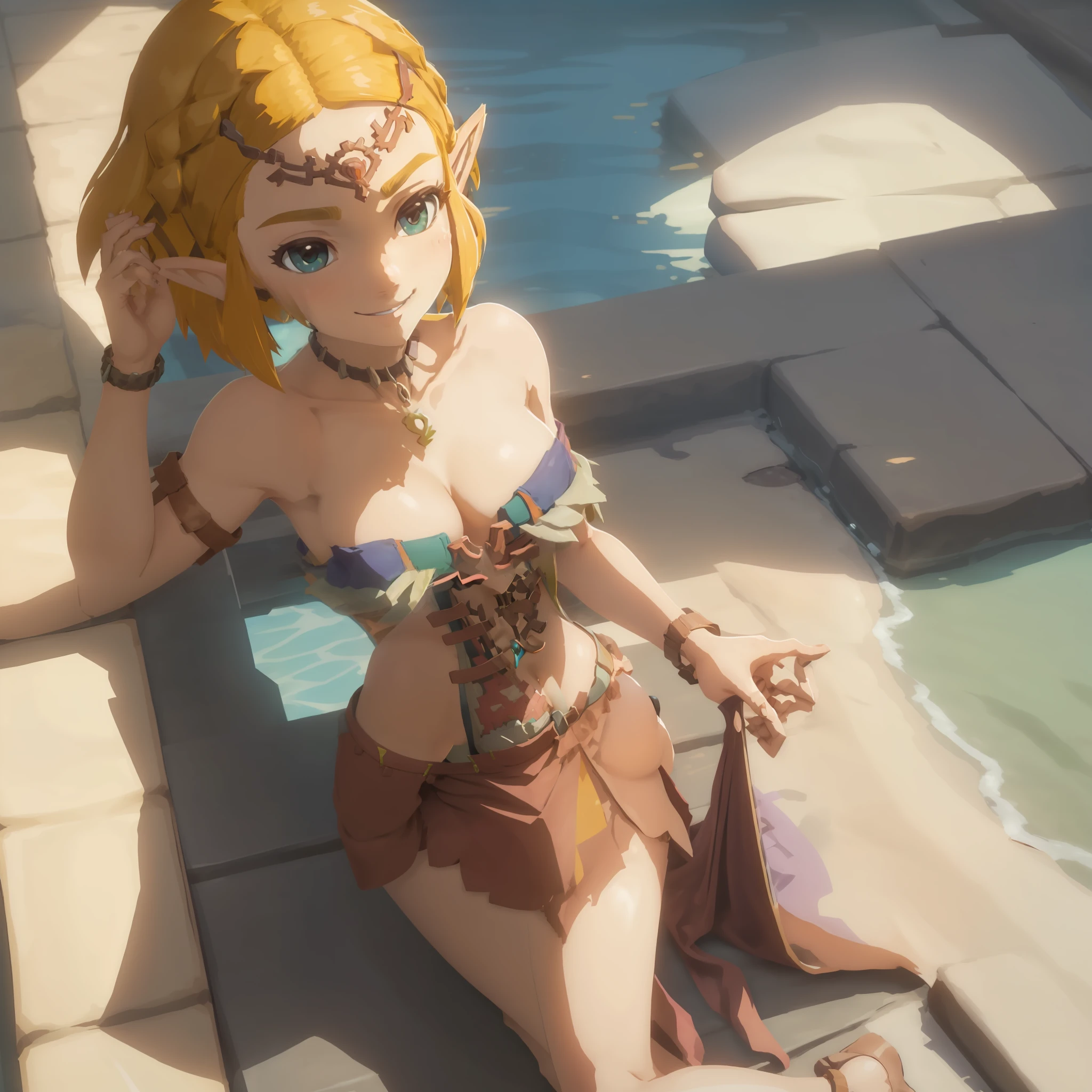 zeldatotk,1girl,smile,cel shading, large breasts, cleavage, no clothes