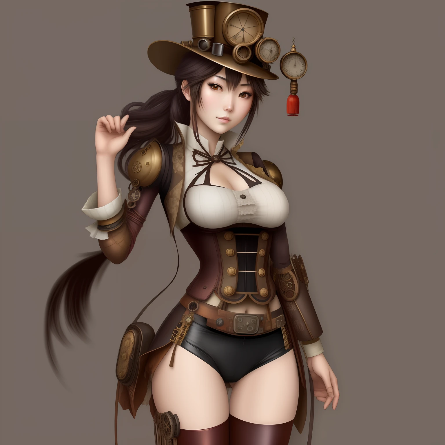 A Japanese steampunk, pretty girl with a tight outfit