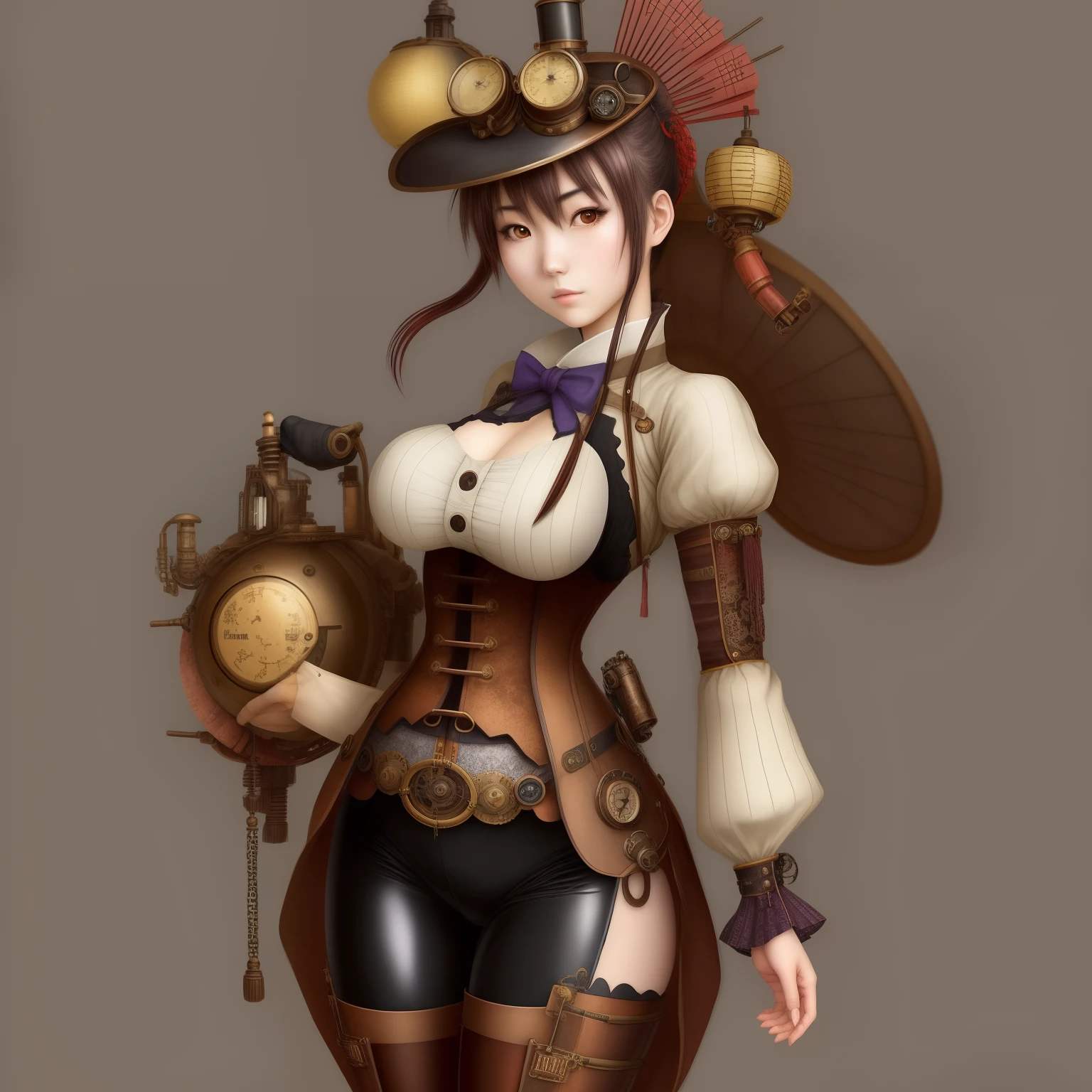 A Japanese steampunk, pretty girl with a tight outfit