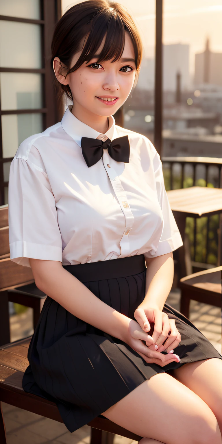 (8K, Best quality, Masterpiece:1.2), (Realistic, photo-realistic:1.37), Ultra-detailed, 1 girl,Cute, Solo,Beautiful detailed sky,Detailed Cafe,Night,Sitting,dated,(nose blush),(Smile:1.1),(Closed mouth) Medium breasts,Beautiful detailed eyes,(Collared shirt:1.1), neck bowtie,Pleated skirt,(Short hair:1.2),Floating hair