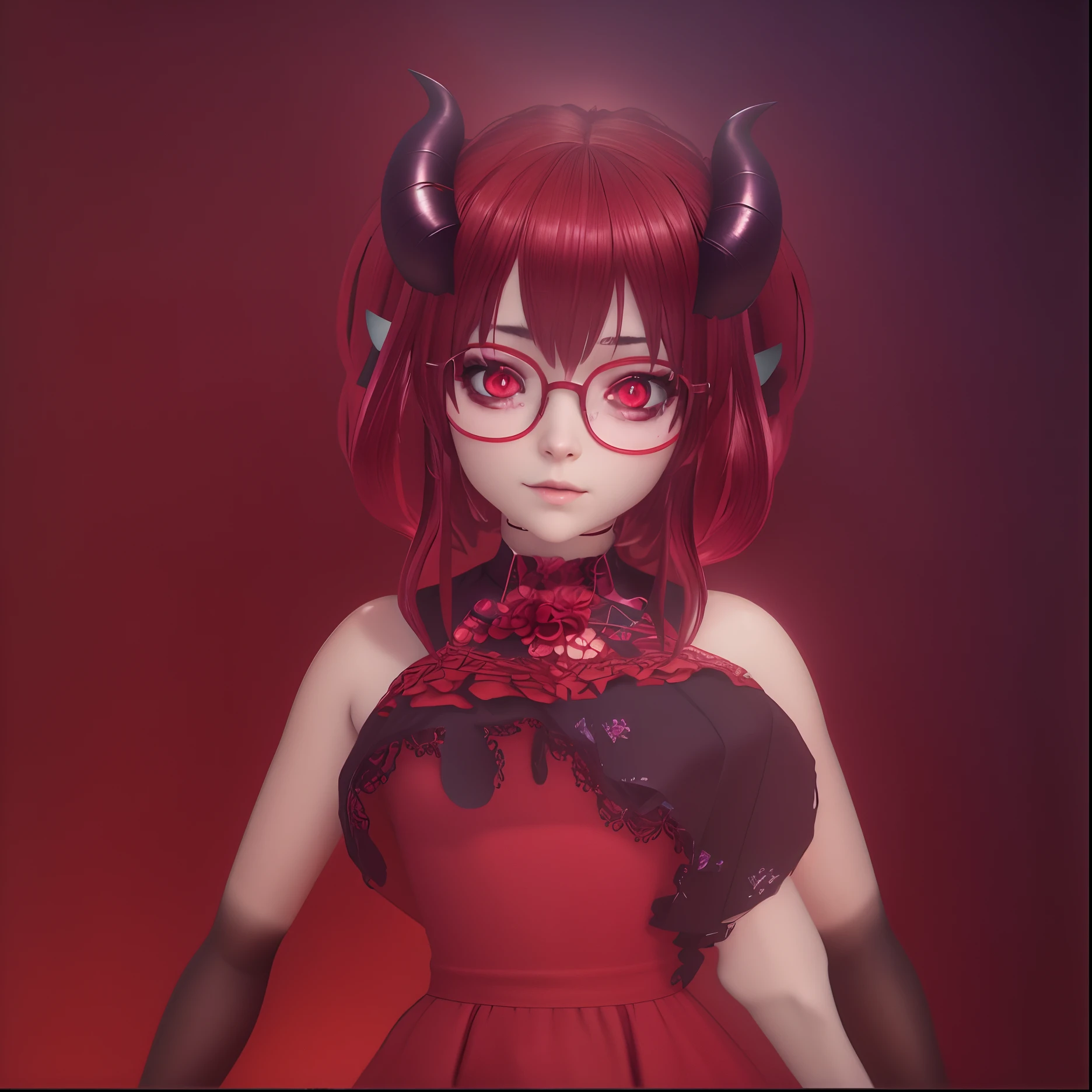 Anime girl with horns and glasses in a red dress, anime demon, Demon girl, anime estilo 3d, portrait of demon girl, Succubus no retrato do vestido de sol, anime moe artstyle, Succubus em vestido curto apertado, Estilo anime 3D realista, Personagem altamente detalhado, render de uma menina 3d bonito, succubus, portrait demon half human