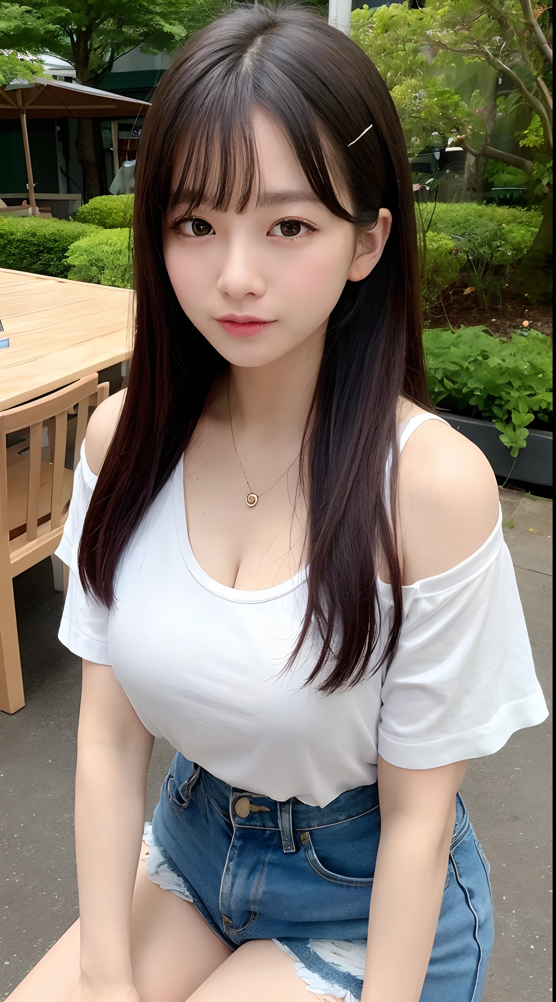 ((top-quality、8K、masterpiece:1.3))、Detail Women:1.3、(Medium Hair、Colossal tits:1.3)、Camisole with a small area of white、Clothes that emphasize the chest very much、Clothes with open cleavage、Clothes that expose a lot of skin、lightly dressed、(denim short pants、beautiful thigh)、ultra -detail、the detail、eyelid、Summer Cafe