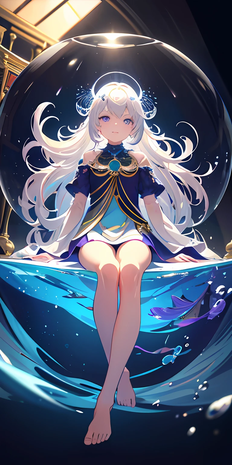 [(Transparent background:1.5)::5],(((Masterpiece))),(((Best quality))),(((Extremely detailed))),illustration, 1girll,Solo,mysterious,vivd colour,Shiny, Underwater transparent sealed hemispherical glass dome, (White hair),(Purple eyes), full bodyesbian,Barefoot,Long hair is calm and natural, Koi,Underwater, Dome,Close up,Dynamic actions,Lens perspective,(((Box composition))),sitting cross-legged，Leaning against the bookshelf, voluminetric lighting, multi colored eyes, Detailed eyes, ultra - detailed,Light smile, Highly detailed, Beautiful, small detailed, Ultra detailed, Best quality, Intricate, 4K, 8K, trending on artstationh, Good anatomy, Beautiful lighting, Award-winning,