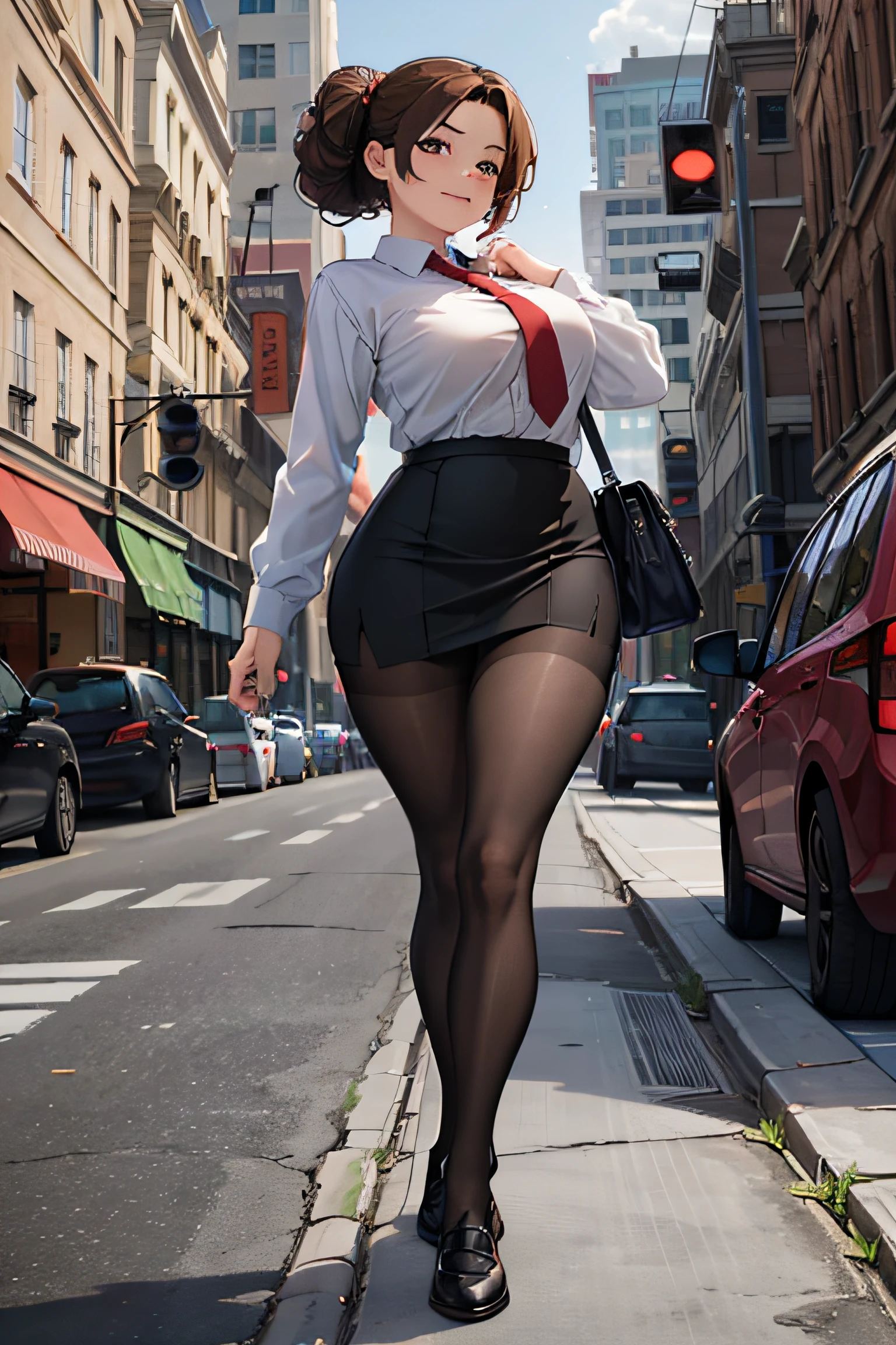 masterpiece, best quality,1girl,young girl, brown eyes, ash brown, french twist,happy smile,one eye close,shiny skin,nice leg line: 1.3,thick thighs, thin waist,huge breasts,school uniform, thighhighs,necktie,((pencil skirt)), pantyhose, city landmark street,looking at viewer,from behind,full body,legsupsexms