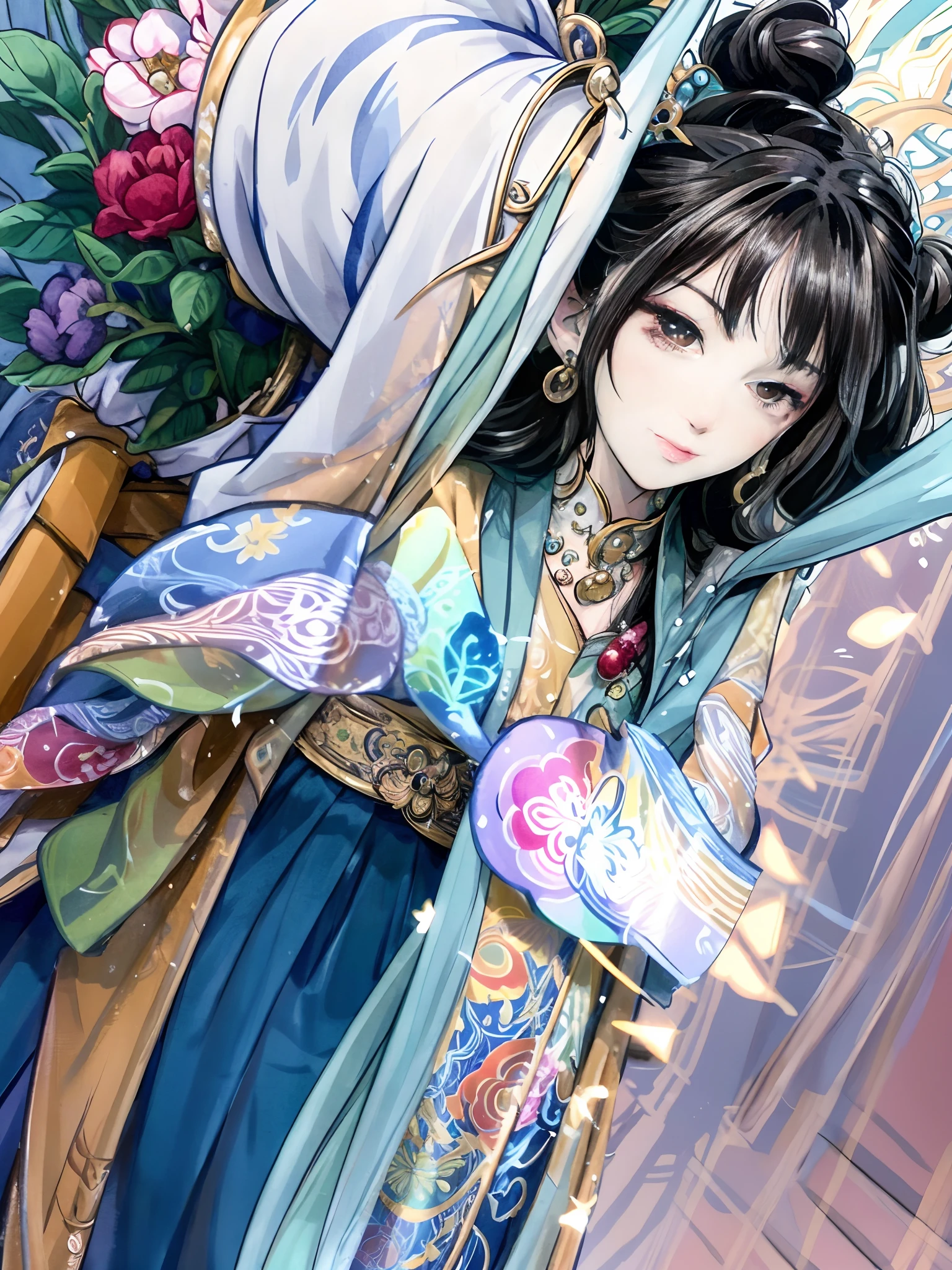 An Arad woman dressed in oriental dress stands in front of the train, Alphonse mucha and rossdraws, a beautiful fantasy empress, full-colour illustration, by Yang J, Anime goddess, Inspired by Fenghua Zhong, A beautiful artwork illustration, Inspired by Masamune Shirow, style of masamune shirow, By Zeng Jing