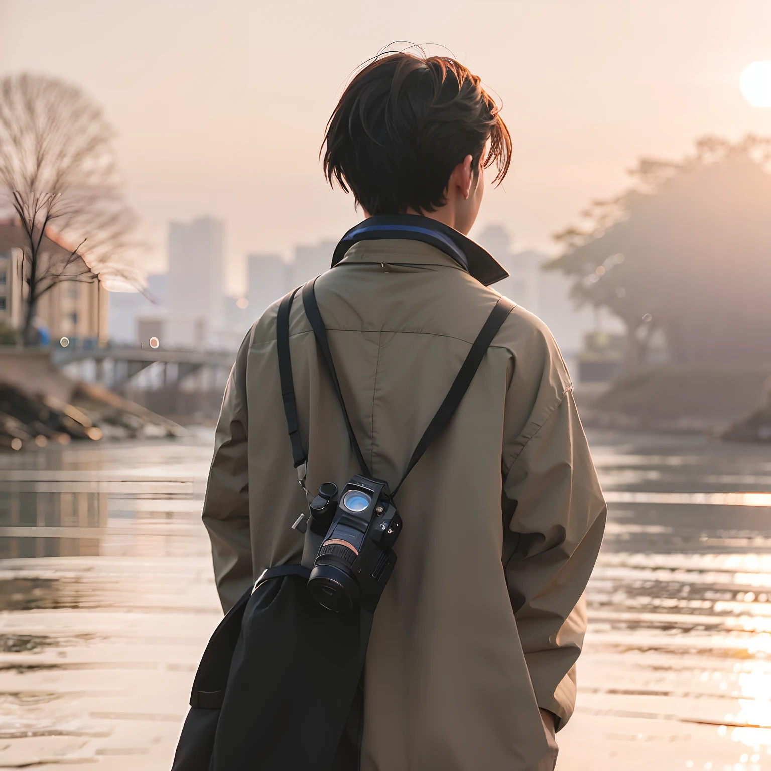 Man of Aalfid standing on the beach looking at the water, watching the sunset, With your back to the camera, With your back to the camera, A young urban explorer male, looking at the city, haze over the shoulder shot, At sunrise, during dawn, over the shoulder view, A picture, during sunrise, late sunset, With sunset, late sunset, photographed