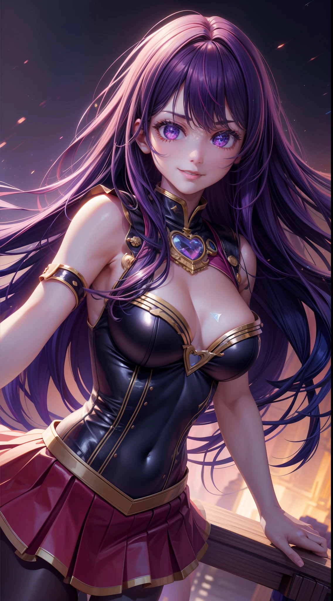 (RAW photos,best qualtiy),(realisticlying,photograph realistic:1.3),best qualtiy,highly detailed,tmasterpiece,Hyper-detailing,illustratio,1girll,The upper part of the body_Body,dynamic angle,Masterpiece Theatre of the World,Messy_Long_Hair,best qualtiy,extremely detailed CG unity 8k wal,ink,astounding,cinmatic lighting,lens_flare,,Idol style,Purple hair,Lively smile,naughty big breasts