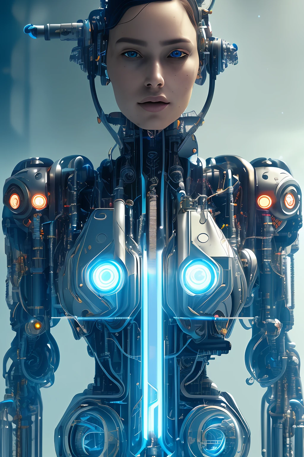 full body cyborg| full-length portrait| detailed face| symmetric| steampunk| cyberpunk| cyborg| intricate detailed| to scale| hyperrealistic| cinematic lighting| digital art| concept art| mdjrny-v4 style