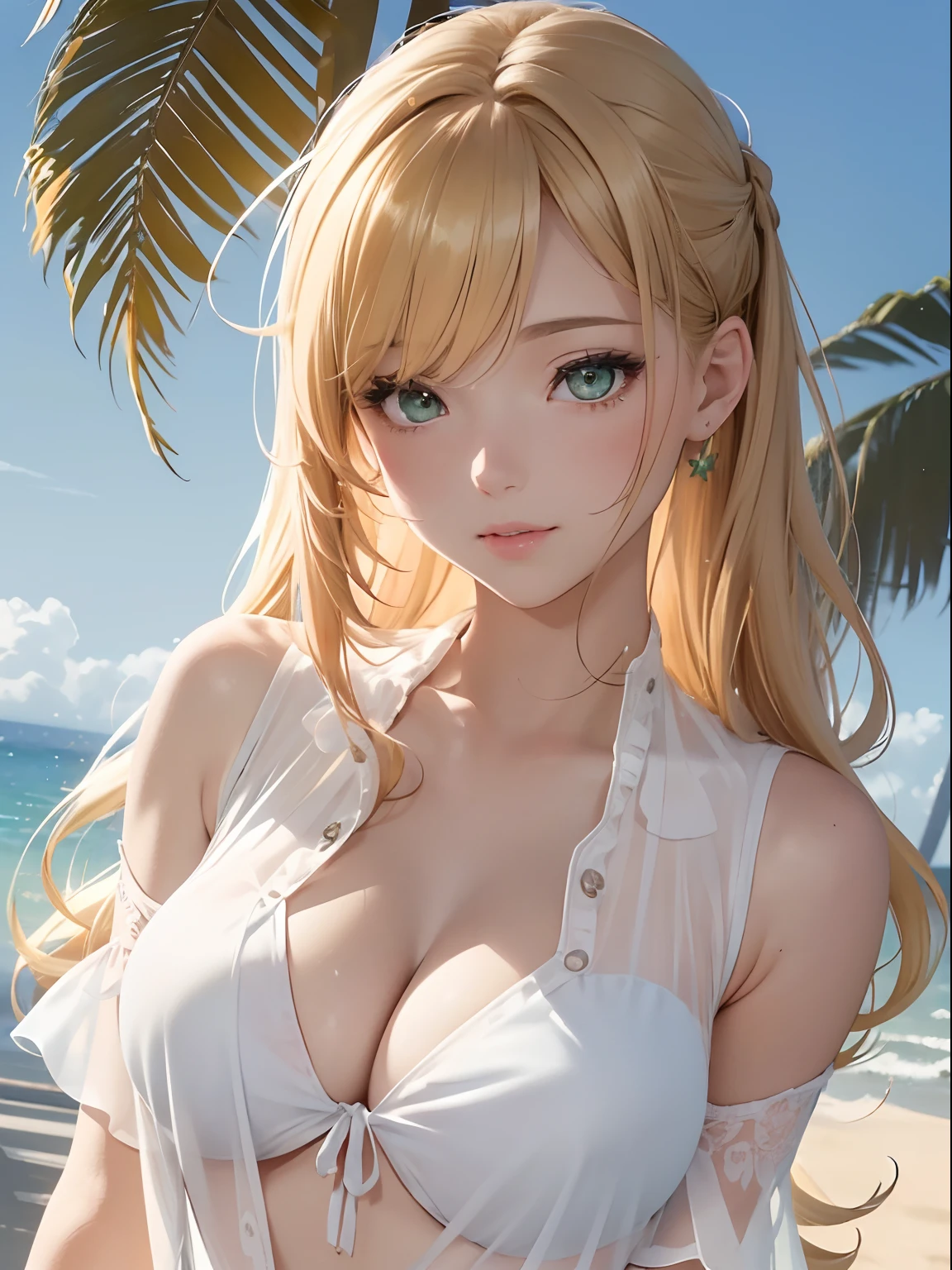 NFSW, 1 Lady, Face, (((1 Lady:1.37, Solo))), (((Close-up of face))), (Beautiful face, Cute face, Detailed face), ((( Golden hair, Semi-long hair, Hair pulled back, Wavy Hair))), (((Detailed beautiful green eyes))), BREAK, (((Sunny))), (((in beach))), (((White sheer blouse, Microblouse, Sleeveless, Breasts wide open))), BREAK, extremely detailed CG unified 8k wallpaper, very fine 8KCG wallpaper, anime moe art style, Anime visuals of cute girls, anime style portrait, In an anime style, Beautiful anime, 8K Anime Art Style, In anime style、8K animation with detailed drawings, (masterpiece, Best Quality), High resolution, Ultra-detailed, ultra-sharp, Cinematic lighting