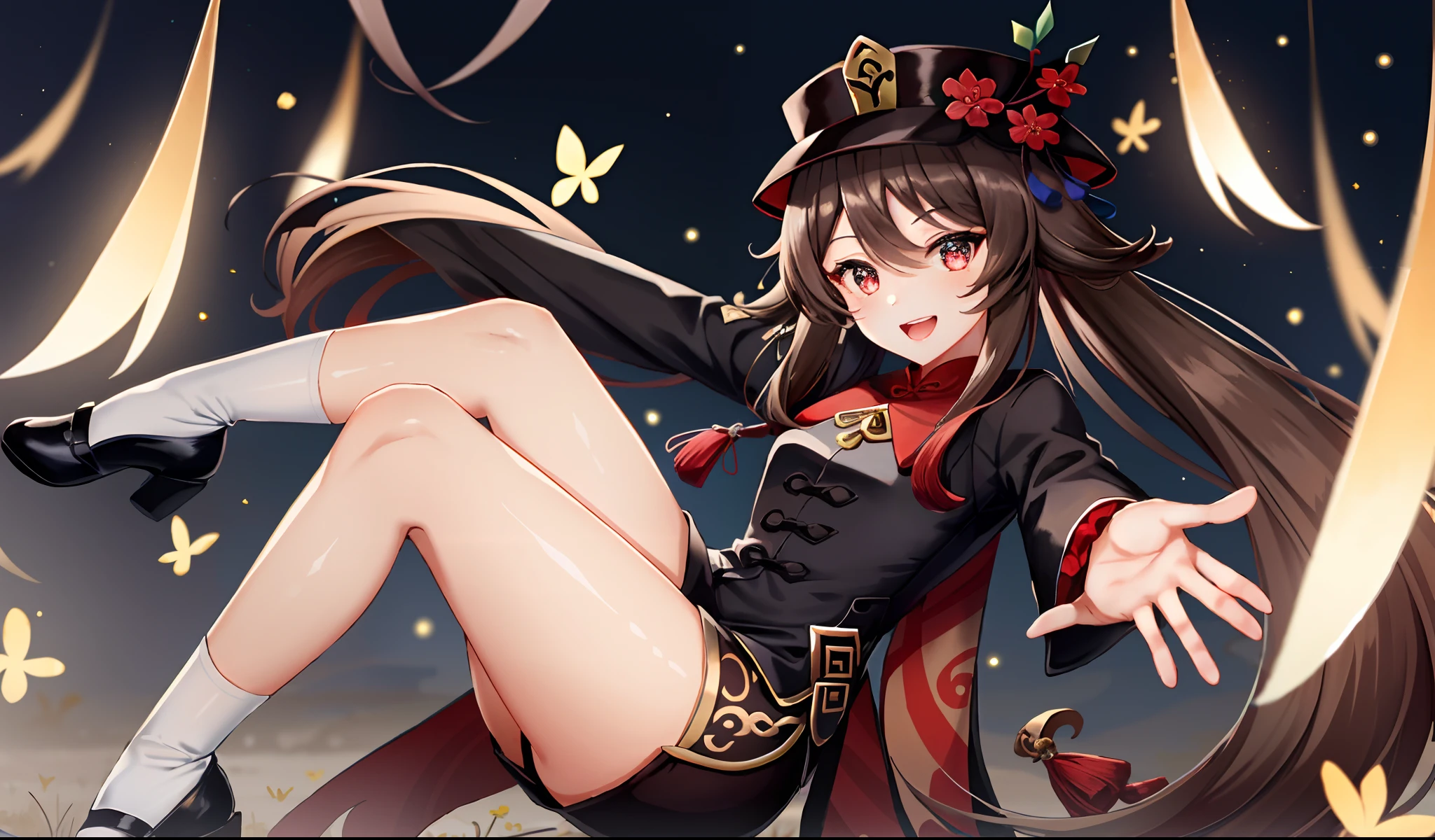 1girl, hu tao (genshin impact), boo tao (genshin impact), long hair, hat, shorts, socks, black shorts, butterfly, brown hair, ghost, smile, long sleeves, bug, hat flower, symbol-shaped pupils, solo, twintails, white socks, red eyes, very long hair, full body, flower, fire, looking at viewer, jewelry, bangs, outstretched arms, chinese clothes, shoes, black headwear, ring, hair between eyes, short shorts, brown footwear, shirt, tailcoat, character name, flower-shaped pupils, sidelocks, porkpie hat, hat ornament, open mouth, kneehighs, plum blossoms, solo, full body, sexy, beautiful hair, beautiful face,