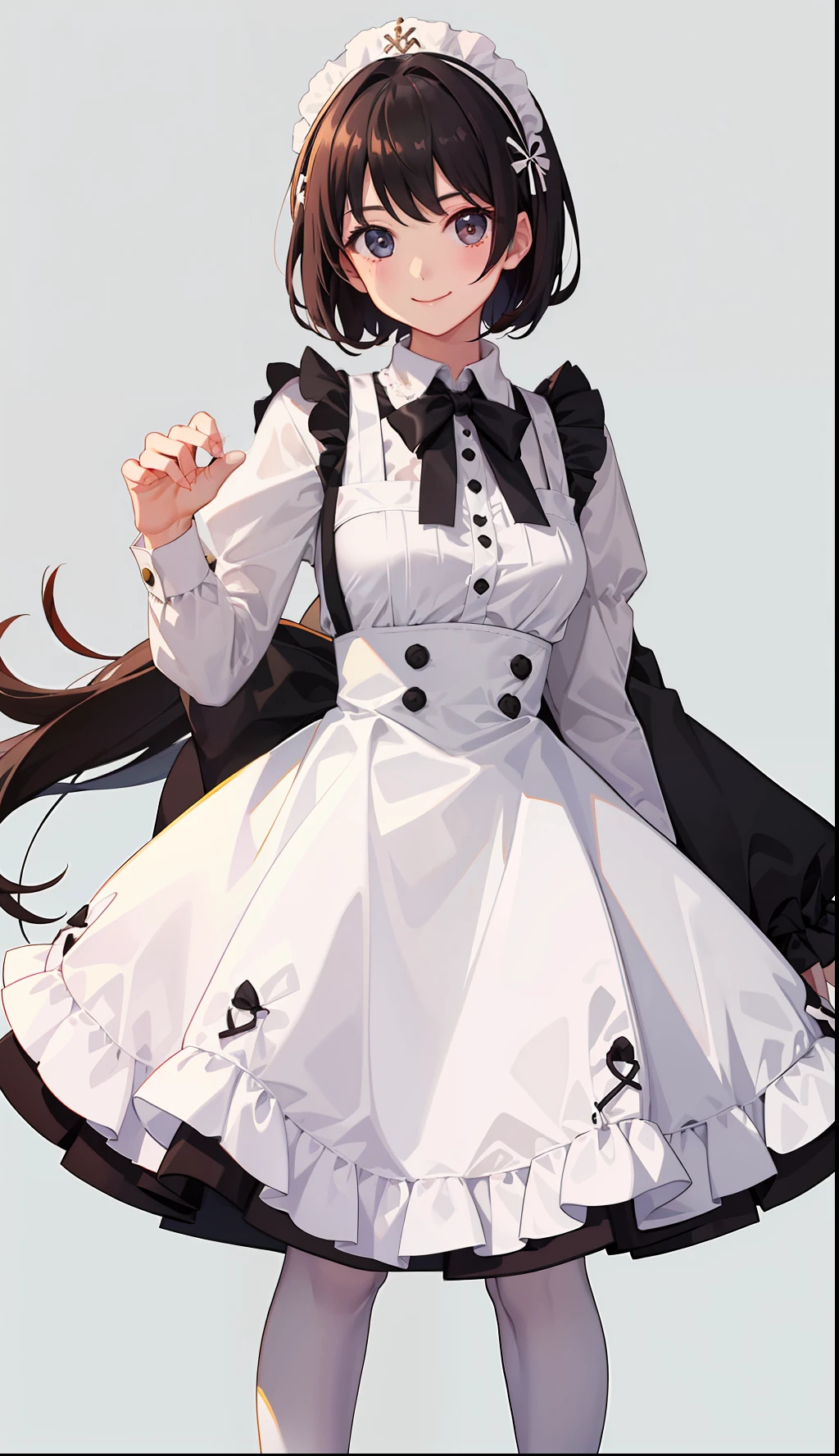 1girl in、A smile、A delightful!　The shirt、skirt by the、（small tits）pinafore、doress、hair adornments、Maids、White costume、