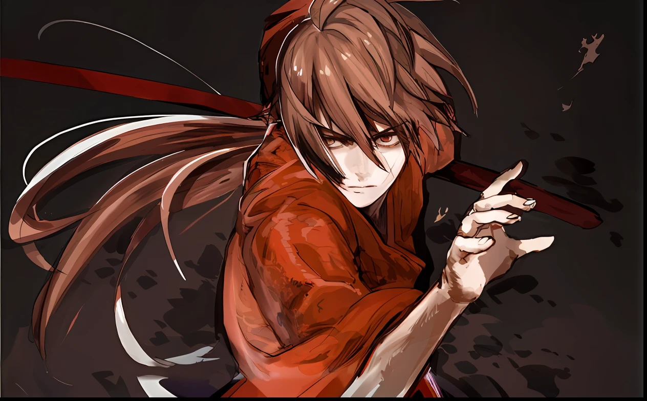 Red-haired anime character holding a katana, from kenshin, Epic anime style,