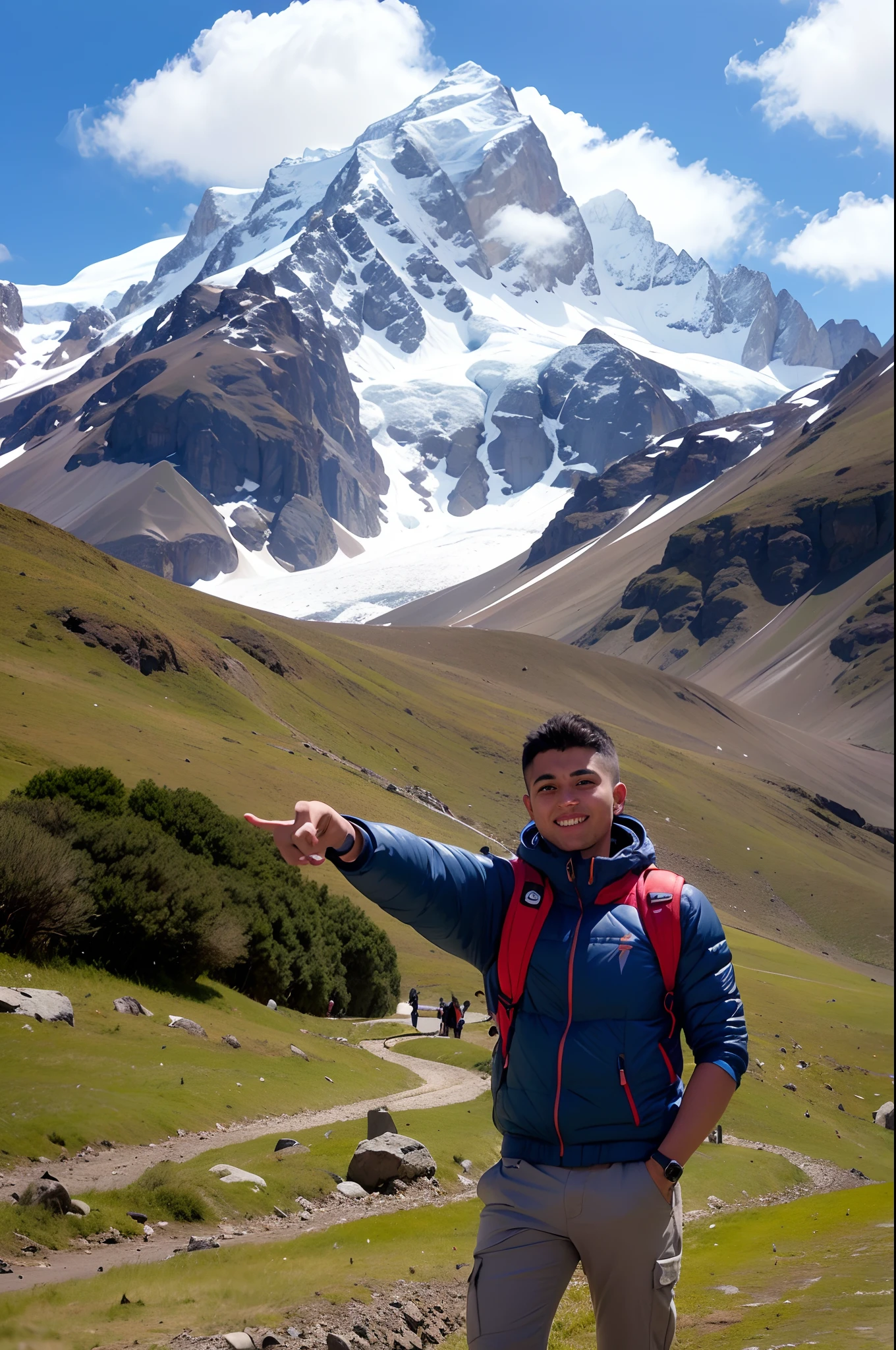 Foto selfie profesional, realistic of a young Peruvian from the highlands of Peru, Luis Felipe, dedicated to guiding groups of adventurers to the Huascarán, background of the highest mountains in Peru. Nitidez, protundidad y aventura. (Obra maestra, La mejor calidad, alta calidad, Altas Resoluciones, Ultra detallado,8k),HDR,color vivo,(Lente de 24 mm:1.2),
(Hora dorada:1.2),invierno,a 20-year-old, Characteristics of the Sierra,(Mount Huascaran) en segundo plano,
(hermosa sombra,discreto),(fotorrealista, Foto RAW:1.2),