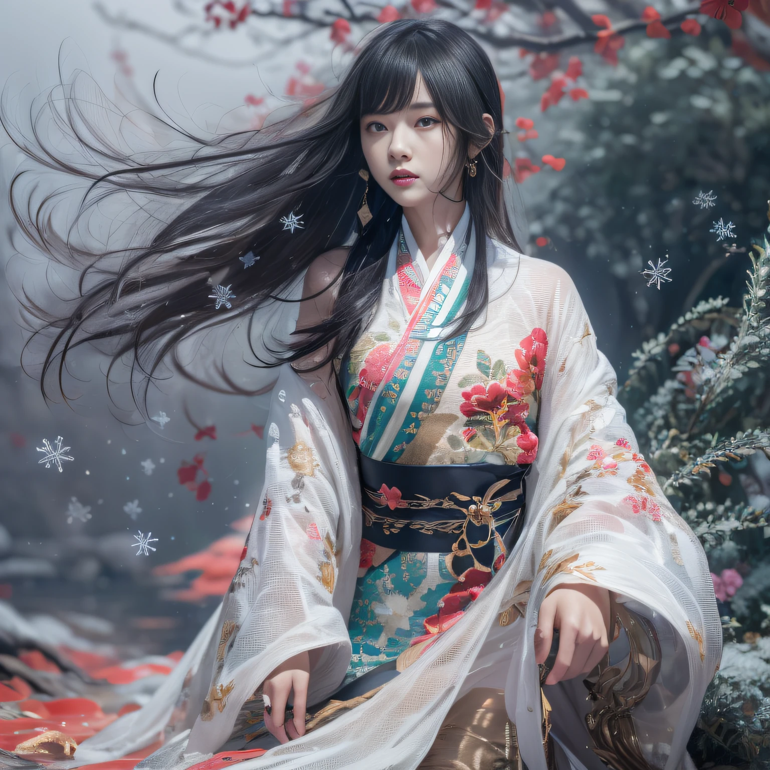 32K(tmasterpiece,k hd,hyper HD,16k)Flowing short hair,Backroom pond,zydink, a color, Asian people (Overdose of drug addicts), (Silk scarf), Combat posture, looking at viewert, long whitr hair, Floating hair, Hanfu, Chinese clothes, longer sleeves, (abstract ink splash:1.2), white backgrounid,Kirin Beast Protector (realisticlying:1.4),,Snowflakes fluttering,The background is pure, A high resolution, the detail, RAW photogr, Sharp Re, Nikon D850 Film Stock Photo by Jefferies Lee 4 Kodak Portra 400 Camera F1.6 shots, Rich colors, ultra-realistic vivid textures, Dramatic lighting, Unreal Engine Art Station Trend, cinestir 800,