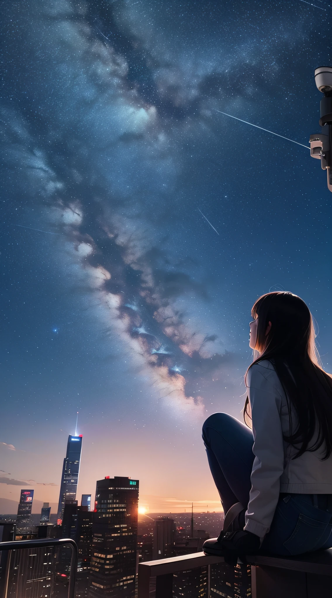 octane, sky, Star (sky), scenery, Starry sky, Night, 1girll, Night sky, Solo, Outdoors, signatures, Building, Cloud, Milky Way, Sitting, tree, Long hair, City, Silhouette, Cityscape