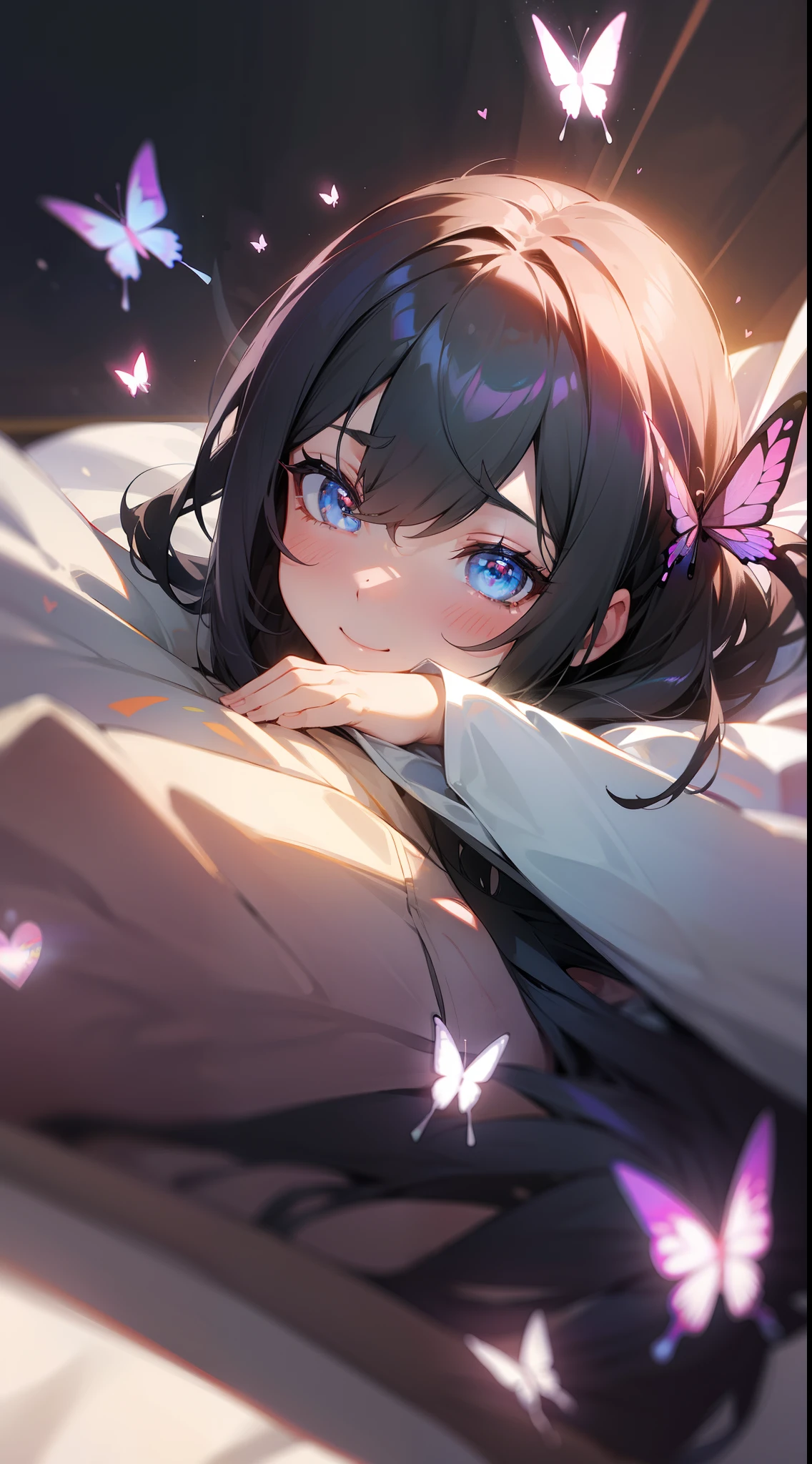 The upper part of the body_Body, from a_Above, zoom in on eyes, Bangs, hair between eye, 鎖骨, Butterfly SurroundedFlowers fill the screen, bed_bedsheet, Floating light spot, hearts in eyes, heart marks in the eyes, Seductive smile, embarrassed,