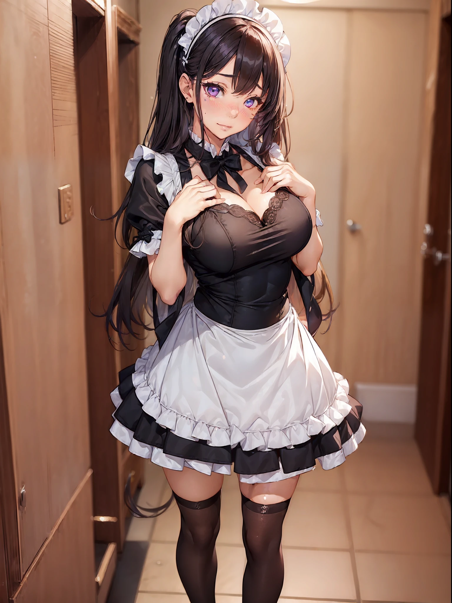 ((((1girl in)))), Sexy Mature Maid, Gradient Hair, heterochromatic eyes, Embarrassed face, nose blush, Blushing, ((Sexy Maid Clothes))、(((Full body shot))), Opaque clothing, different colored eyes, (((Mature)))