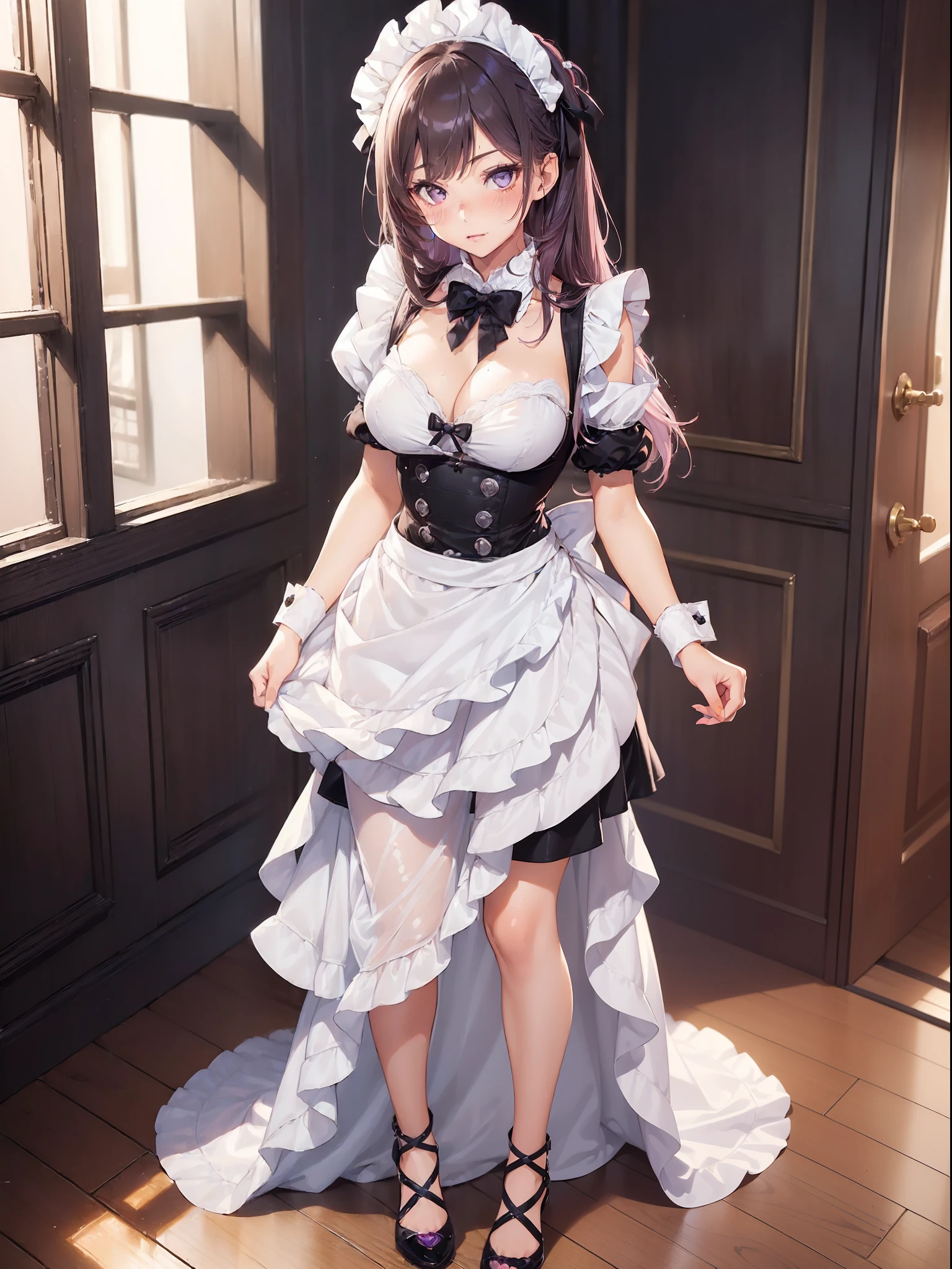 ((((1girl in)))), Sexy Mature Maid, Gradient Hair, heterochromatic eyes, Embarrassed face, nose blush, Blushing, ((Sexy Maid Clothes))、(((Full body shot))), Opaque clothing, different colored eyes, (((Mature)))