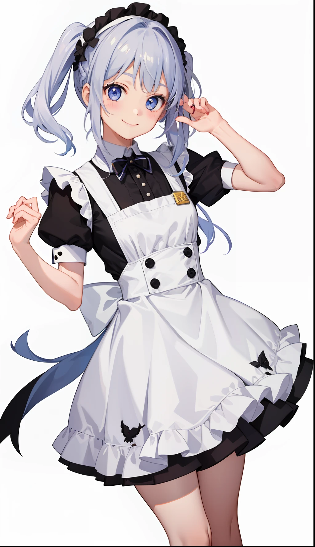 1girl in、A smile、A delightful! The shirt、skirt by the、(small tits)pinafore、doress、hair adornments、Maids、White costume、