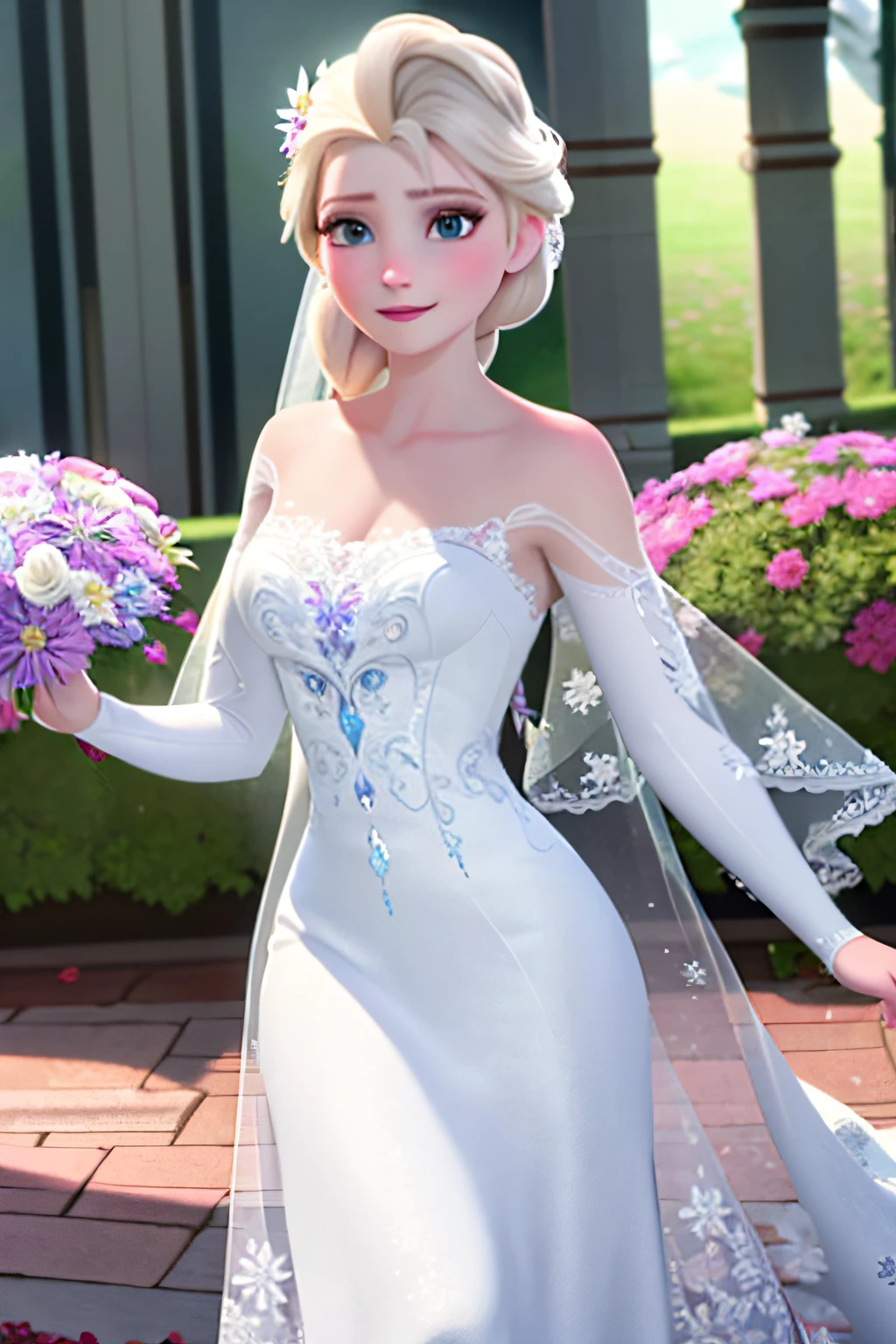 ((Elsa of Arendel))(Wearing a white wedding dress)(Flowers in hand)((Pubic area is clear))