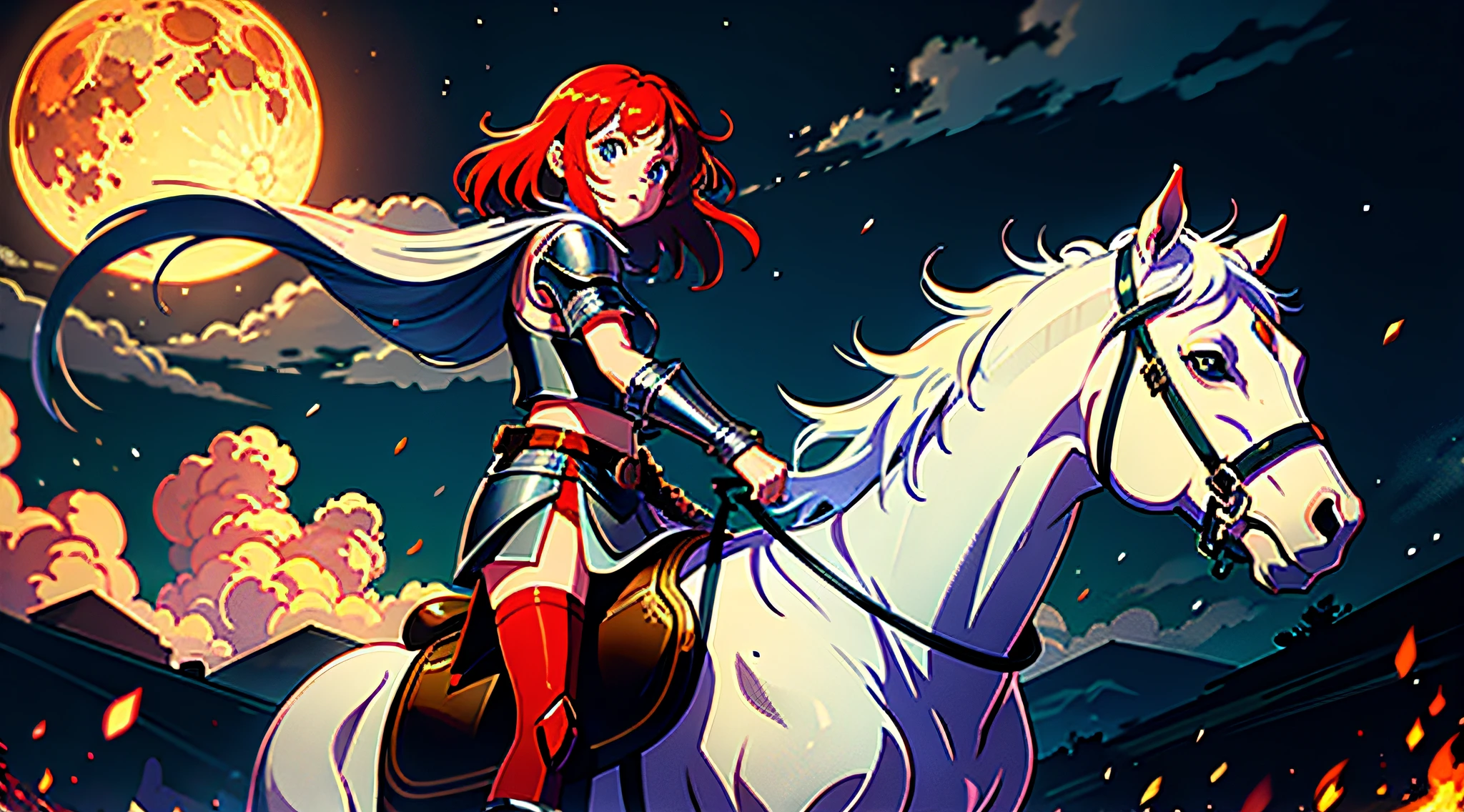 1little girl，red tinted hair，Wearing silver armor，Ride a white horse on an ancient battlefield，wielding a sword，the fire，Gunsmoke fills，Thousands of troops，Red moon，nigth，ancient battle field，mostly cloudy sky，smoke-filled，High detail，Dark nights，brutal，Cold light，red and black tones，The light from the back window is backlighted，Ancient architecture，castle wall，（（tmasterpiece））（A masterpiece）（（gem-like eyes））（Bright pupils）