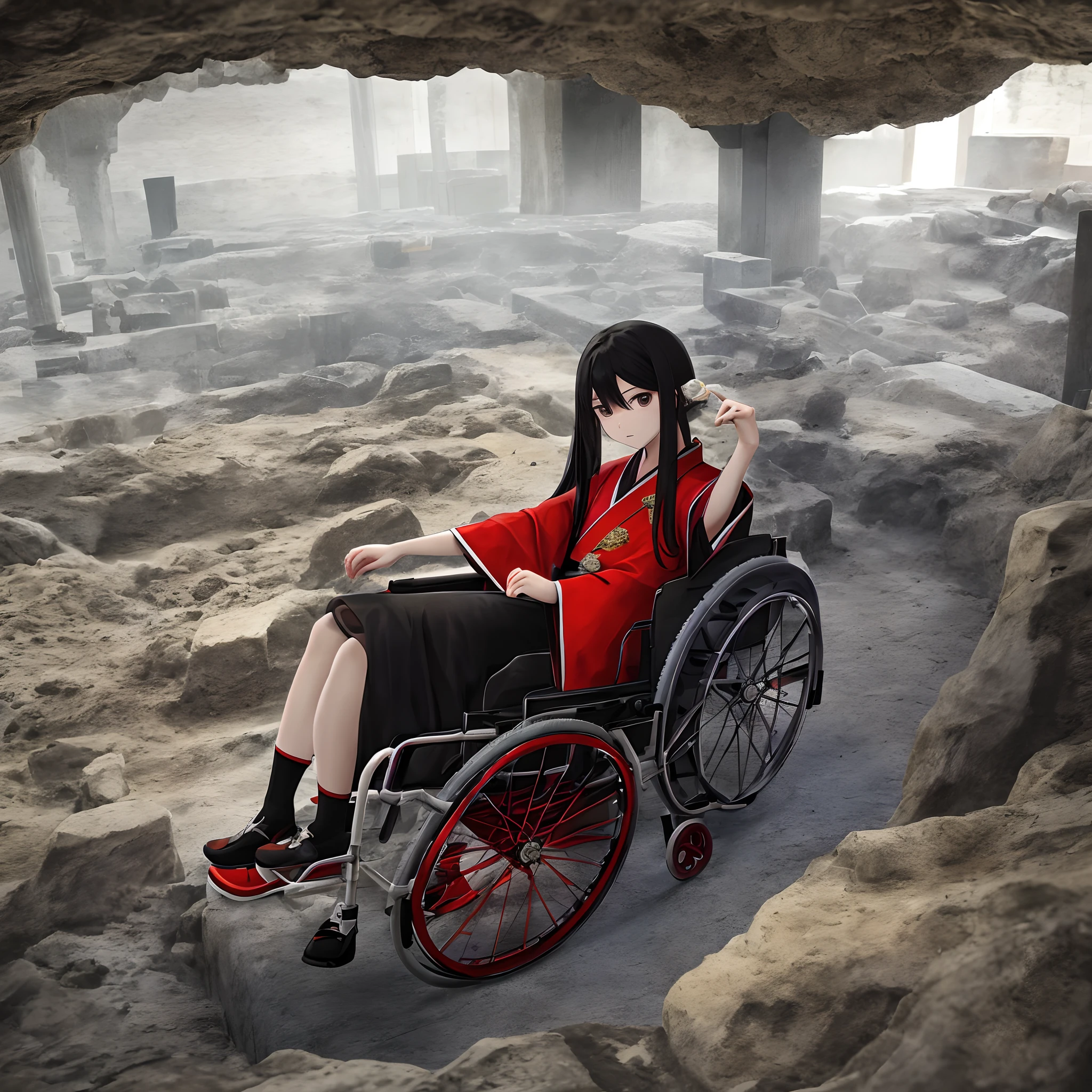 quadratic element，chiquita，Long black hair fluttering，Red and black modern Hanfu，In a wheelchair，Gray eye，Empty eyes，Living in an underground castle，Prolonged lack of sunlight，Have a complete body structure，Live richly