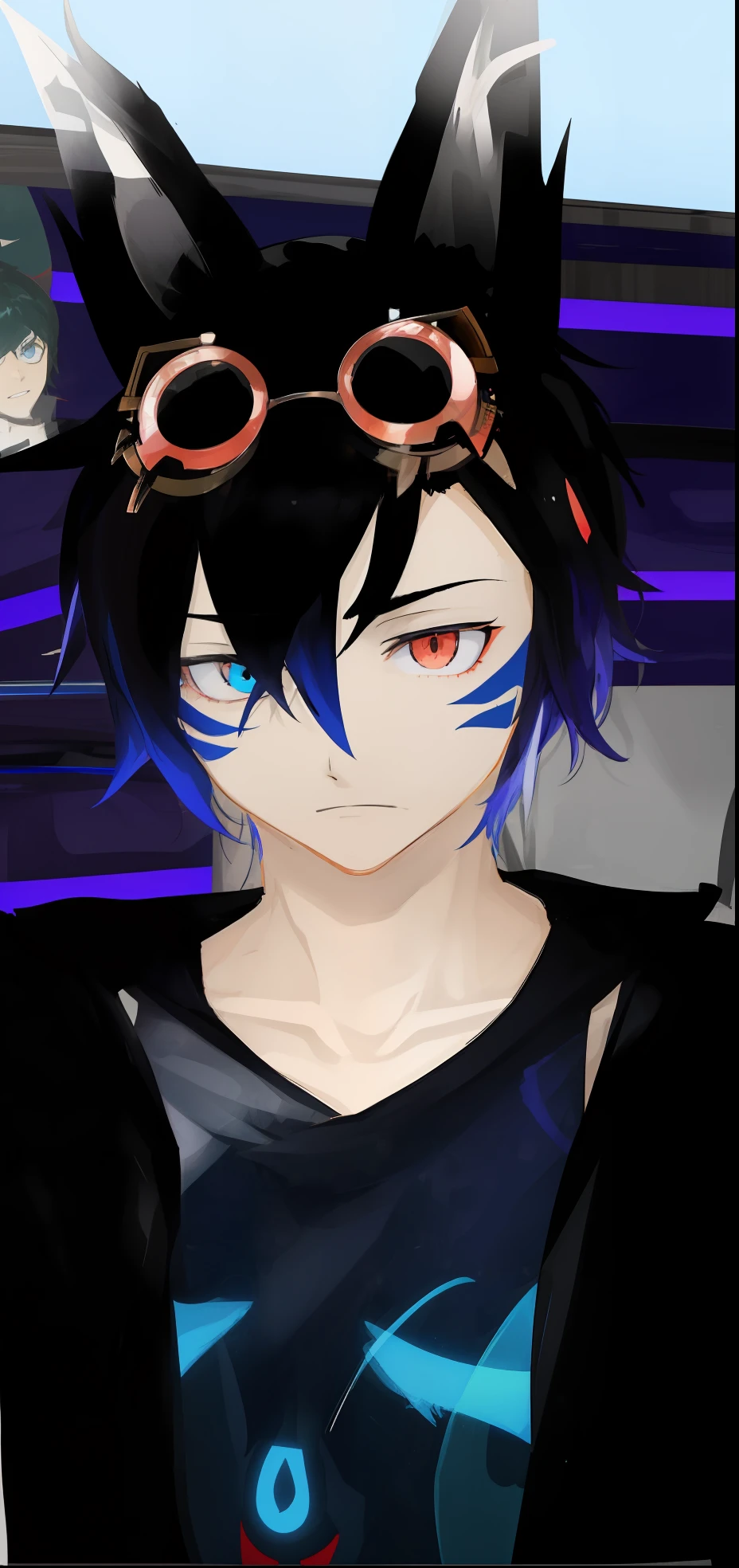 anime character with goggles and a blue shirt in front of a stage, second life avatar, inspired by Okumura Masanobu, vrchat, devious evil expression, evil devious male, sad cerulean eyes, anime styled 3d, persona 5 phantom thief style, upper body avatar, young shadow mage male, inspired by Okumura Togyu