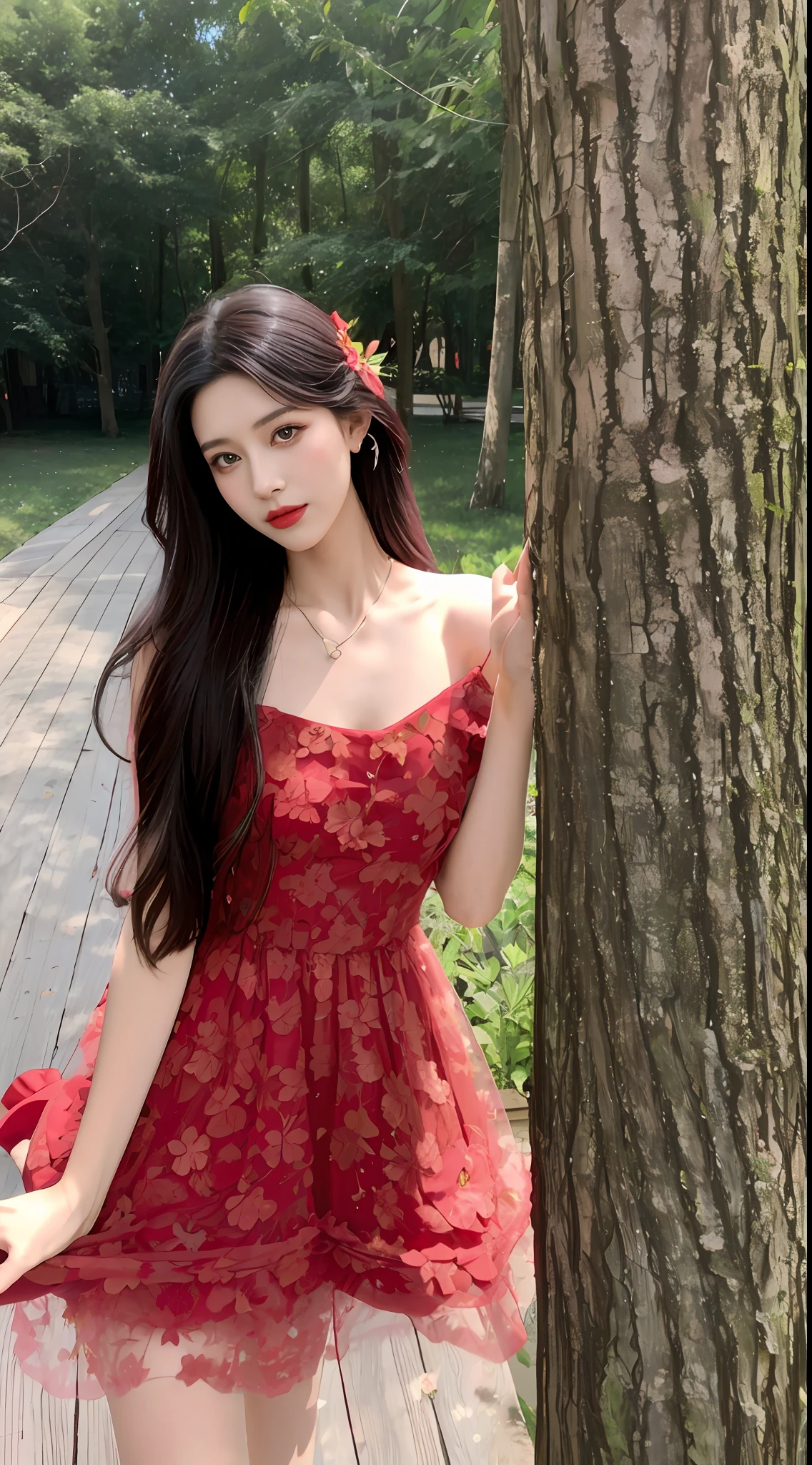 Araki woman in red dress leans against a tree, ulzzangs, Romantic dress, Red floral dress, pale red, belle delphine, girl wears a red dress, Beautiful girl model, Very beautiful girl, Beautiful model girl, cute beautiful, Bandeau dress, Long black hair, fairy core, floating dress, beautiful lovely, shaxi