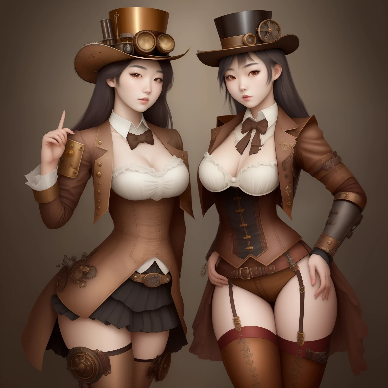 Two Korean steampunk pretty 18 year old, wearing revealing steampunk outfits