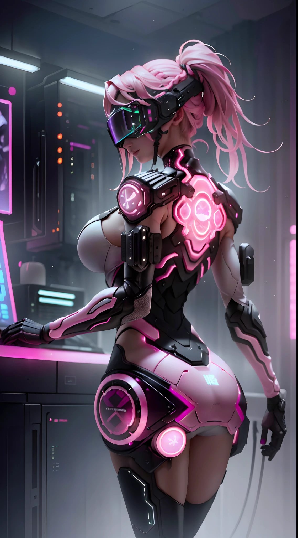 ((Best Quality)), ((Masterpiece)), (Very Detailed:1.3), 3D, Full Body, Detailed clothes, Beautiful (Pink Cyberpunk:1.3) Female, Braided pink hairstyle, big breast, Looking Back with a Smile, head-mounted displays, computer servers, LCD screens, fiber optic cables, company logos, HDR (High Dynamic Range), ray tracing, NVIDIA RTX, Super Resolution, Unreal 5, Subsurface scattering, PBR textures, post-processing, anisotropic filtering, depth of field, Maximum sharpness and sharpness, multi-layered textures, albedo and highlight maps, surface shading, accurate simulation of light-material interactions, perfect ratios, octane rendering, duotone lighting, low ISO, white balance, rule of thirds, wide aperture, 8K RAW, efficient sub-pixels, subpixel convolution, luminous particles, dynamic pose