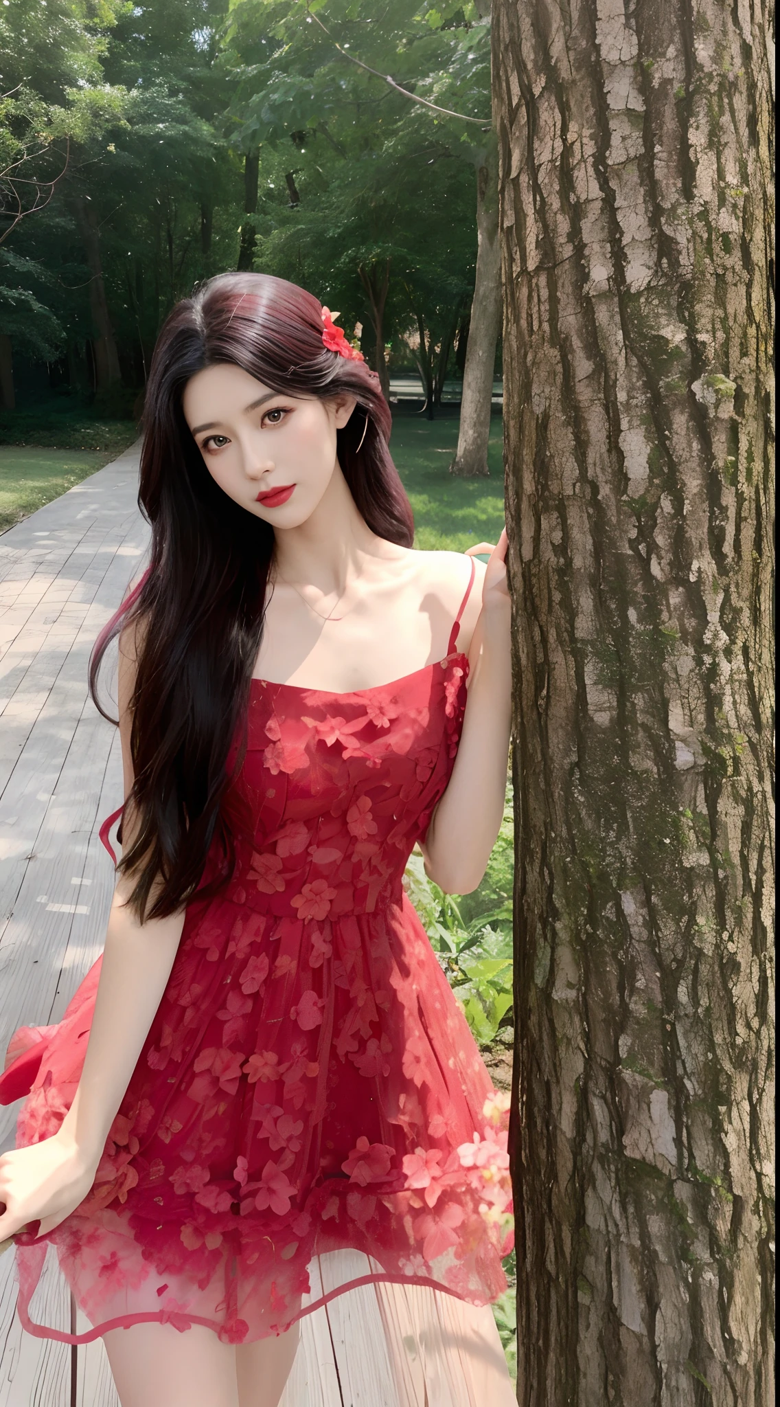 Araki woman in red dress leans against a tree, ulzzangs, Romantic dress, Red floral dress, pale red, belle delphine, girl wears a red dress, Beautiful girl model, Very beautiful girl, Beautiful model girl, cute beautiful, Bandeau dress, Long black hair, fairy core, floating dress, beautiful lovely, shaxi
