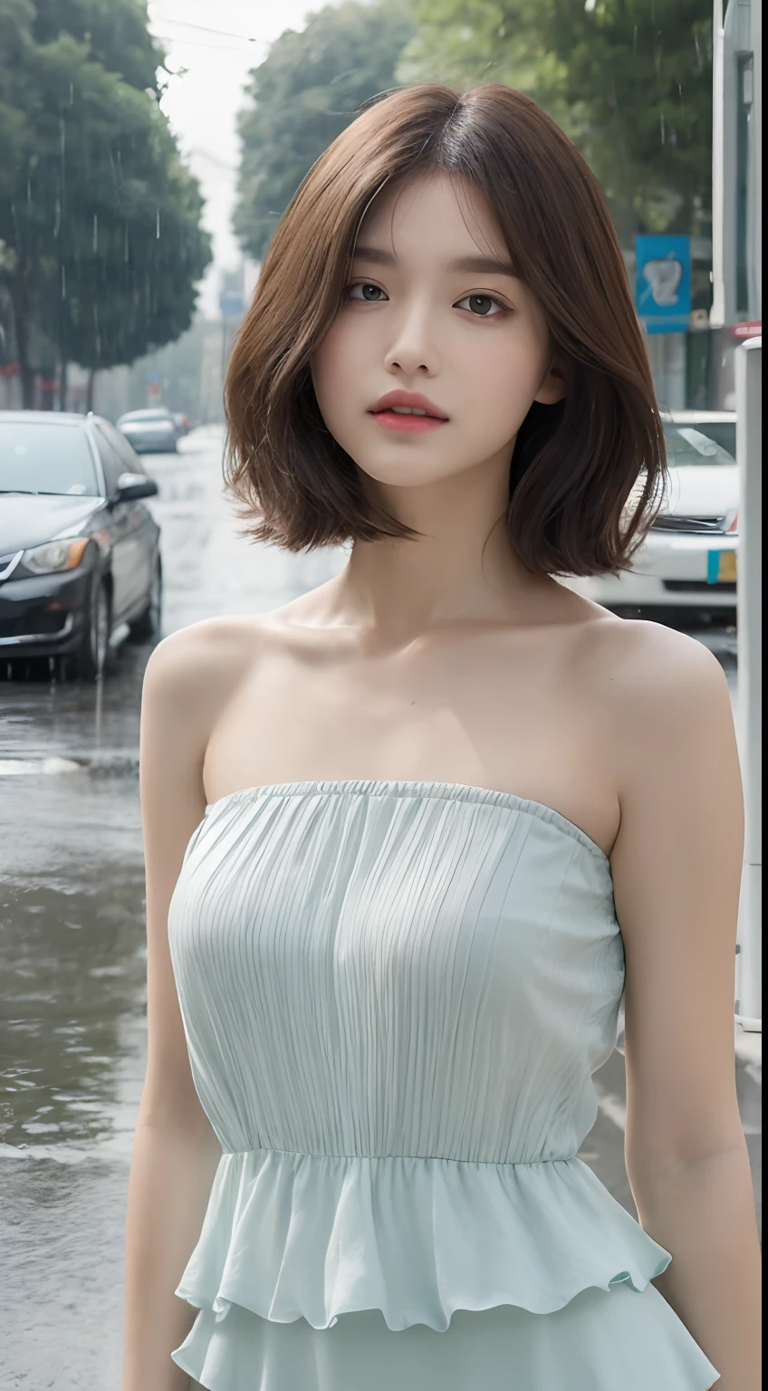 ((Best Quality, 8k, Masterpiece: 1.3)), Focus: 1.2, Perfect Body Beauty: 1.4, Buttocks: 1.2, ((Layered Haircut, Flat Chest: 1.2)), (Rain, Street:1.3), Bandeau Dress: 1.1, Highly Detailed Face and Skin Texture, Fine Eyes, Double Eyelids, Whitened Skin, Long Hair, (Shut Up: 1.3), Full Body