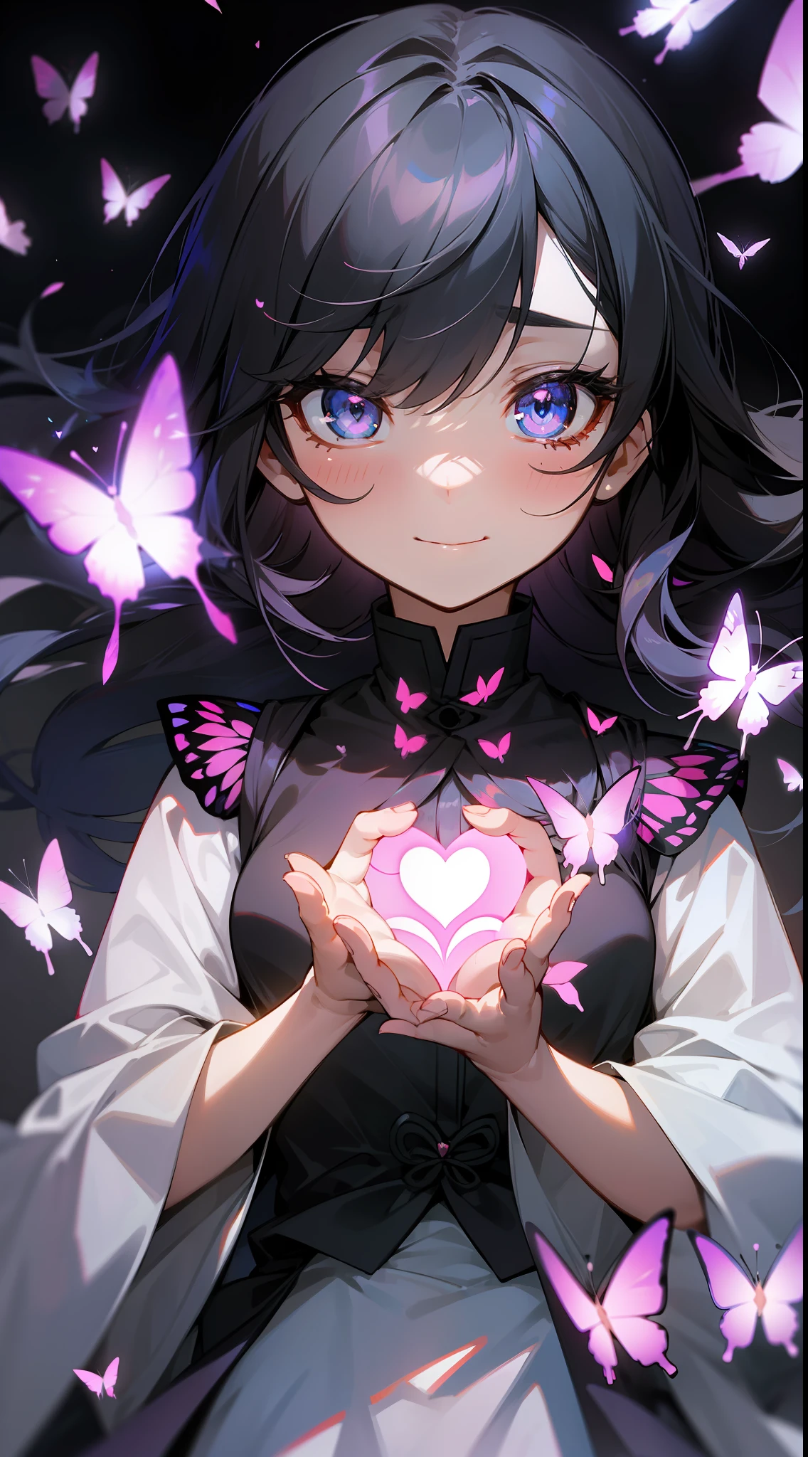 The upper part of the body_Body, from a_Above, zoom in on eyes, Bangs, hair between eye, 鎖骨, Butterfly SurroundedFlowers fill the screen, bed_bedsheet, Floating light spot, hearts in eyes, heart marks in the eyes, Seductive smile, embarrassed,