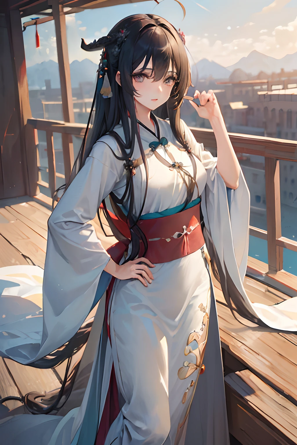 (masterpiece:1.5),(best quality:1.5),(ultra-detailed:1.5),illustration,cowboy shot,1girl,solo,(buildings),perfect face,lustrous skin,long hair,beautiful detailed eyes,beautiful flowing hair,(ru_qun:1.5),(hanfu:1.5),chinese clothes, white dress,white thighhighs, (bloom),lighting, ray tracing,outdoors, mountains, nature,hair ornament, hair ribbon,hand on hip,looking at viewer,ahoge,large breasts, (deep depth of field:1.5),hair ornament, forest,barefoot sandals
