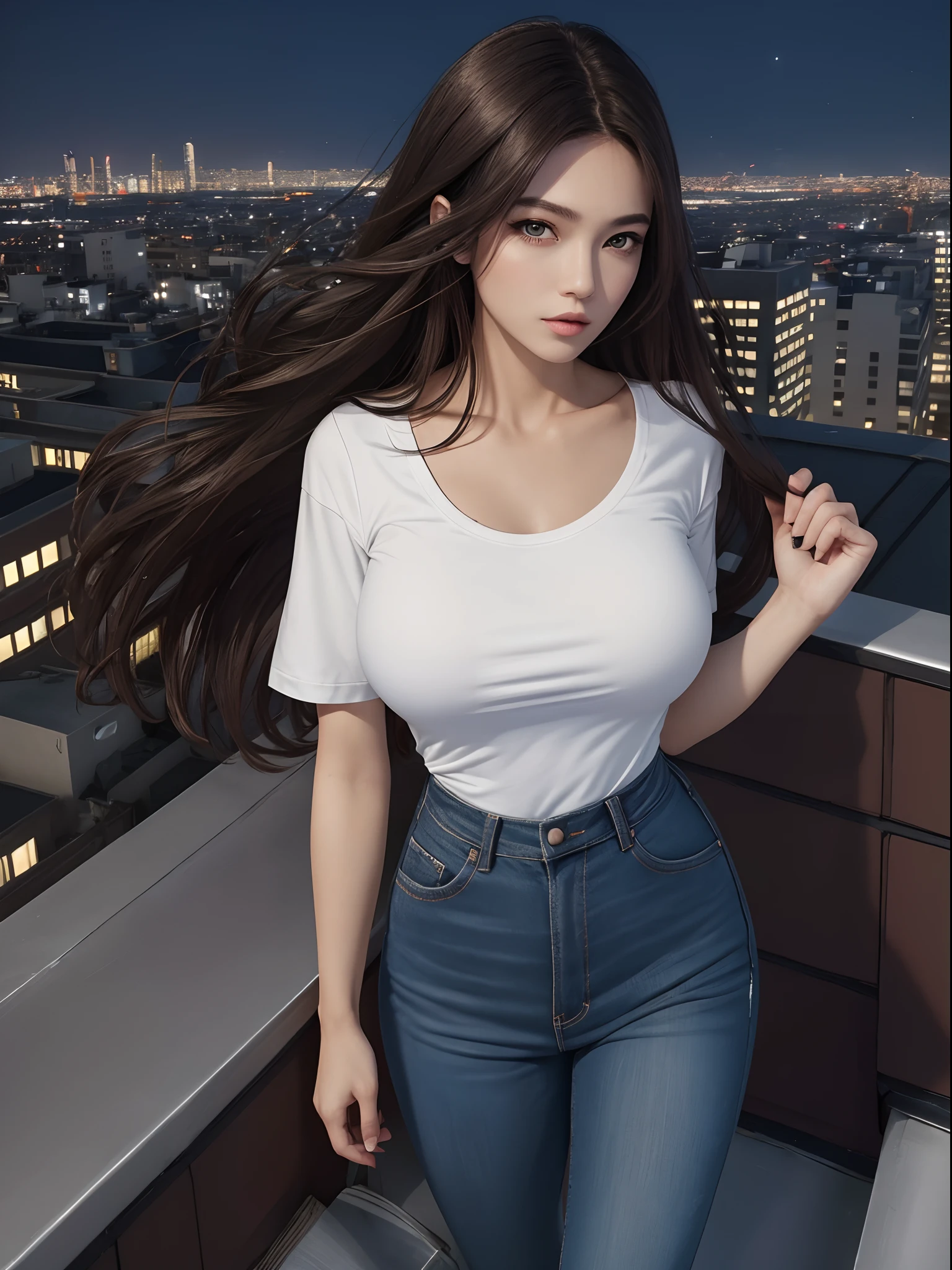 ((Midnight, Best quality, 8k, Masterpiece :1.3)), Whole body, Long legs, Sharp focus :1.2, A pretty woman with perfect figure :1.4, Slender abs :1.1, ((Dark brown hair, Big breasts :1.2)), (White tight tshirt, Jean bib, Standing:1.2), ((Night city view, Rooftop:1.3)), Highly detailed face and skin texture, Detailed eyes, Double eyelid