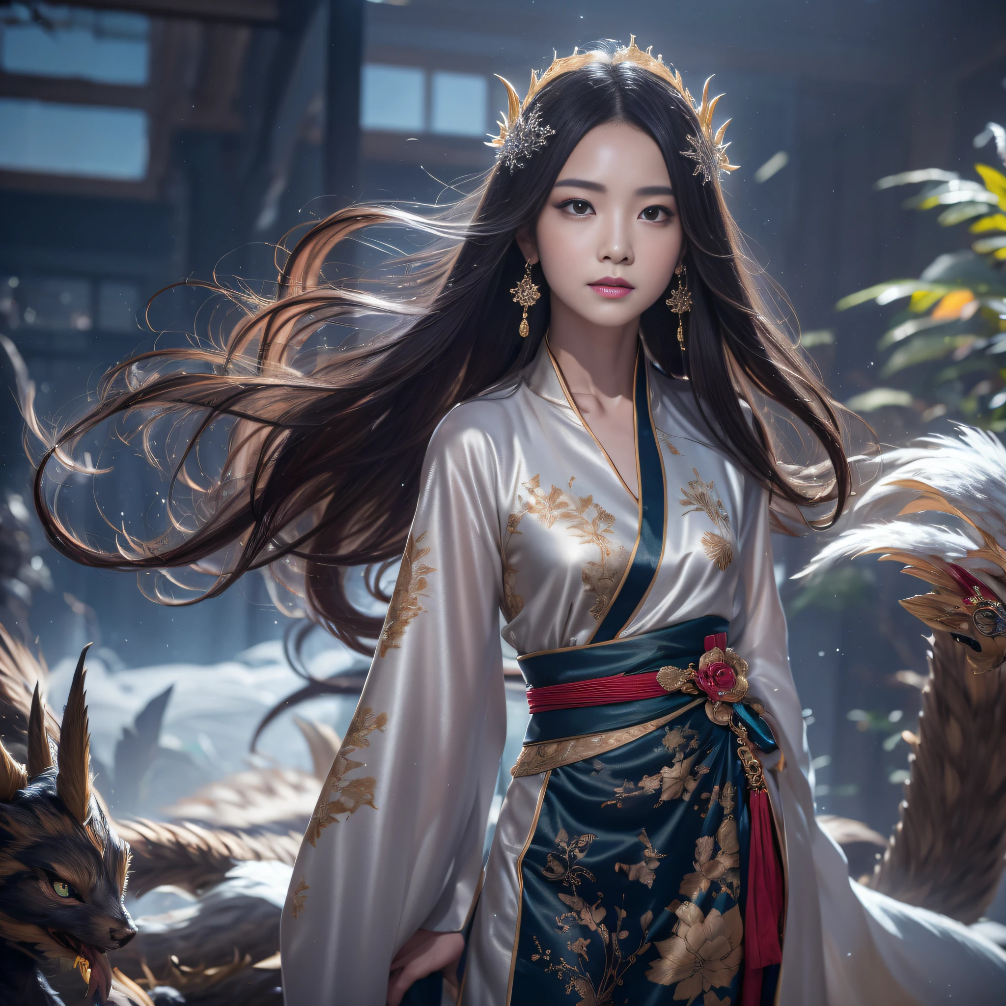 32K(tmasterpiece,k hd,hyper HD,16k)Flowing short hair,Backroom pond,zydink, a color, Asian people (Female Student), (Silk scarf), Combat posture, looking at viewert, long whitr hair, Floating hair, Hanfu, Chinese clothes, longer sleeves, (abstract ink splash:1.2), white backgrounid,Kirin Beast Protector (realisticlying:1.4),,Snowflakes fluttering,The background is pure, A high resolution, the detail, RAW photogr, Sharp Re, Nikon D850 Film Stock Photo by Jefferies Lee 4 Kodak Portra 400 Camera F1.6 shots, Rich colors, ultra-realistic vivid textures, Dramatic lighting, Unreal Engine Art Station Trend, cinestir 800,