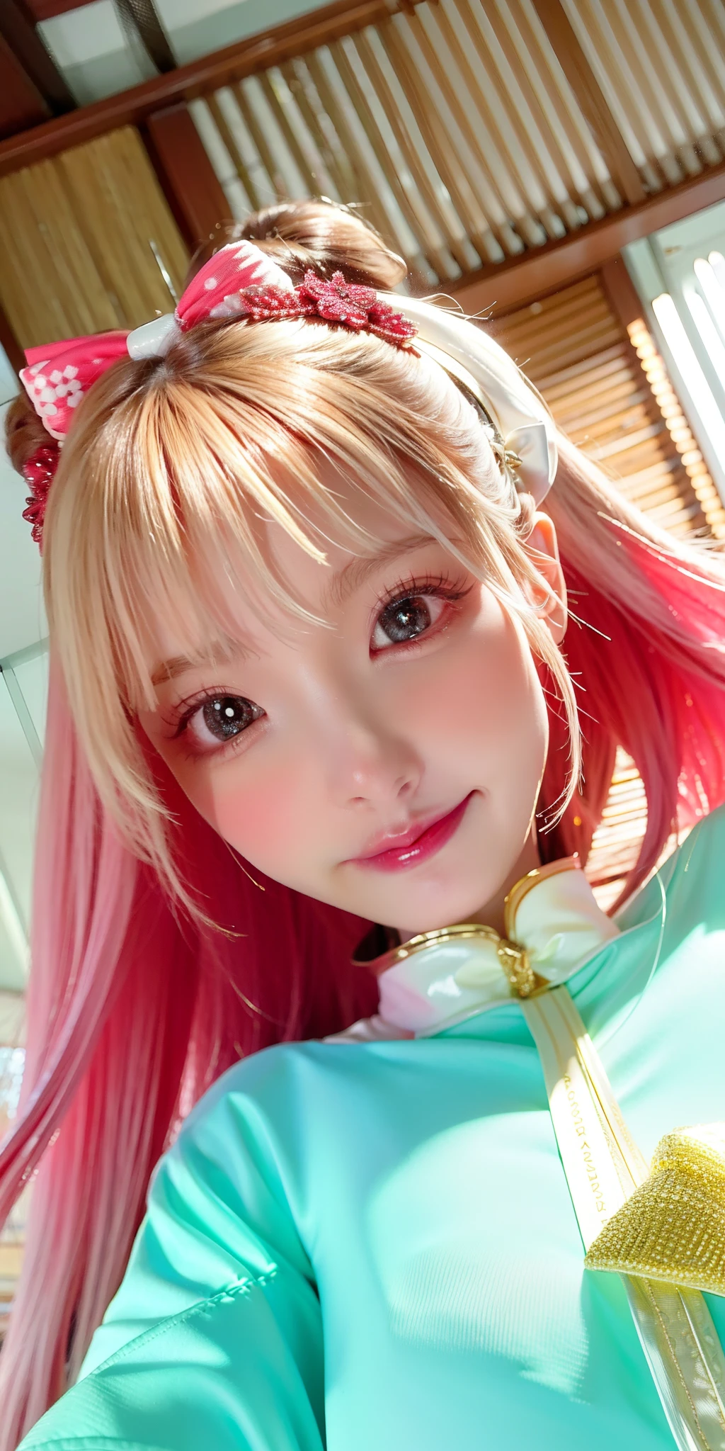 (8K, 4K, Best quality, A high resolution:1.2), (marsterpiece, Realistic, photograph realistic:1.37), 1girll, Solo, Beautiful face, eyeslashes, nase, Glossy lips, (Detailed eyes, view the viewer, Fair skin, White skin:1.5), fine complexion, Upper body,
Large breasts, Busty, , (:1.5),
Outdoor onsen,
two sides up, Absurdly long hair, Blonde hair, Pink hair, bangs, hair adornments, bow,
Younger, aged down,