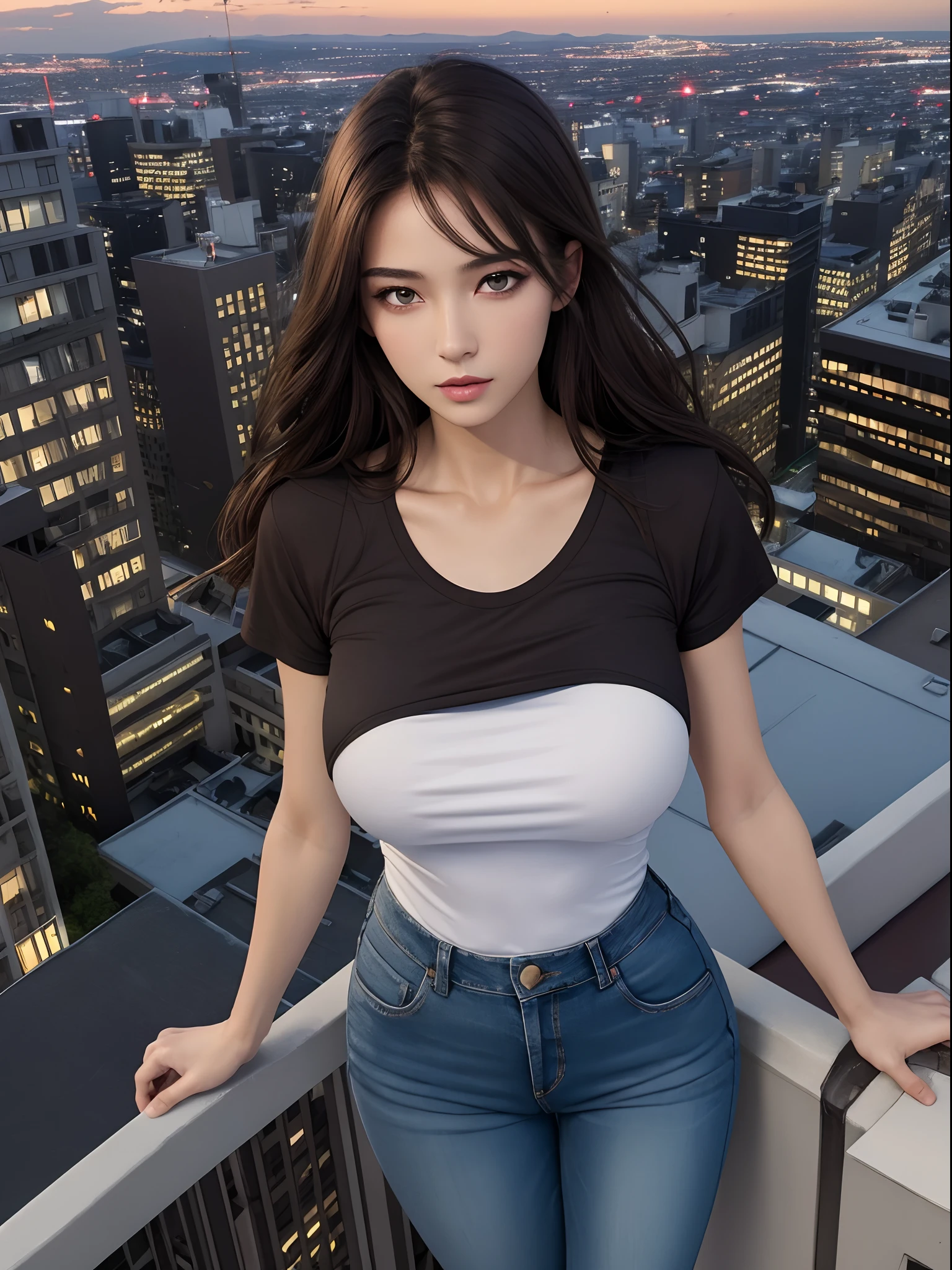 ((Midnight, Best quality, 8k, Masterpiece :1.3)), Whole body, Long legs, Sharp focus :1.2, A pretty woman with perfect figure :1.4, Slender abs :1.1, ((Dark brown hair, Big breasts :1.2)), (White tight tshirt, Jean bib, Standing:1.2), ((Night city view, Rooftop:1.3)), Highly detailed face and skin texture, Detailed eyes, Double eyelid