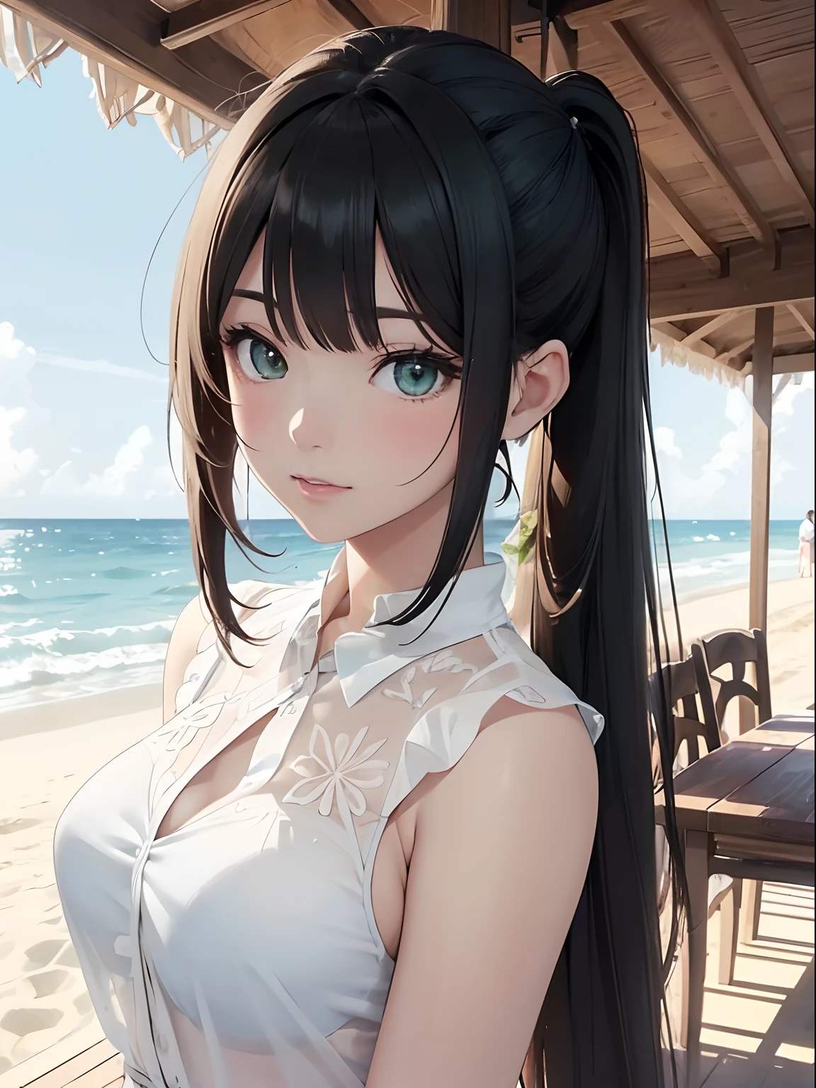 NFSW, 1 Lady,  Face, (((1 Lady:1.37, Solo))), (((Close-up of face))), (Beautiful face, Cute face, Detailed face), ((( Black hair, Semi-long hair, Hair pulled back, poneyTail))), (((Detailed beautiful green eyes))), BREAK, (((Sunny))), (((in beach))), (((White sheer blouse, Microblouse, Sleeveless, Breasts wide open))), BREAK, extremely detailed CG unified 8k wallpaper, very fine 8KCG wallpaper, anime moe art style, Anime visuals of cute girls, anime style portrait, In an anime style, Beautiful anime, 8K Anime Art Style, In anime style、8K animation with detailed drawings, (​masterpiece, Best Quality), High resolution, Ultra-detailed, ultra-sharp, Cinematic lighting