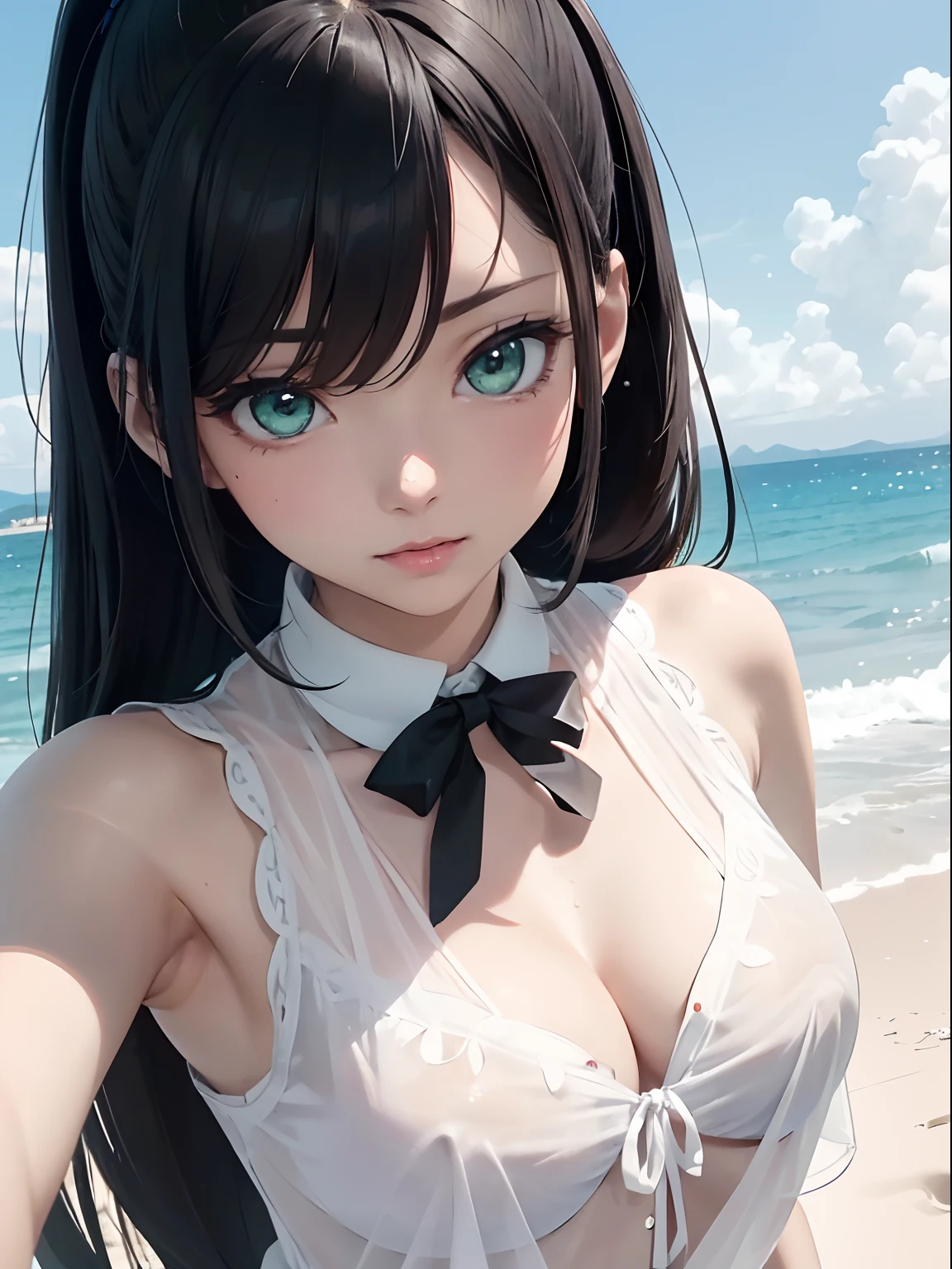 NFSW, 1 Lady, Face, (((1 Lady:1.37, Solo))), (((Close-up of face))), (Beautiful face, Cute face, Detailed face), ((( Black hair, Semi-long hair, Hair pulled back, poneyTail))), (((Detailed beautiful green eyes))), BREAK, (((Sunny))), (((in beach))), (((White sheer blouse, Microblouse, Sleeveless, Breasts wide open))), BREAK, extremely detailed CG unified 8k wallpaper, very fine 8KCG wallpaper, anime moe art style, Anime visuals of cute girls, anime style portrait, In an anime style, Beautiful anime, 8K Anime Art Style, In anime style、8K animation with detailed drawings, (masterpiece, Best Quality), High resolution, Ultra-detailed, ultra-sharp, Cinematic lighting