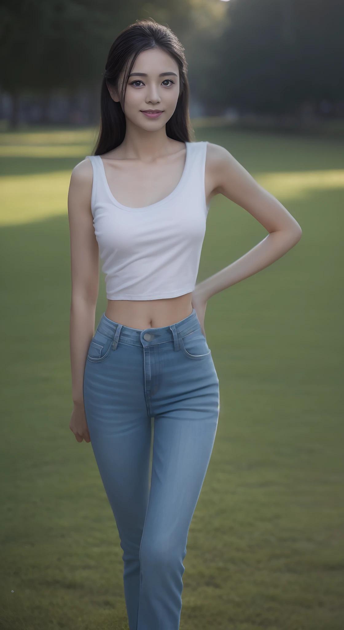 (rain, grassy fields: 1.3), 1 beautiful woman taking pictures on the grass，RAW photos，tmasterpiece，（highdetailskin：1.2），8k ultra high definition，digital SLR camera，gentlesoftlighting，high high quality，filmgrain，富士XT3，20 years old Asian woman，Wear simple clothes，Blue T-shirt and crop top jeans，Detailed clothing details:1.3，perfect body figure，Perfect breasts and nipple bulge，The legs are straight and slender，（（Branded stylish shoes:0.6）），Super detailed facial details and skin，Fair pink face and skin，Skin pink and soft，with light glowing，二重まぶた，Super detailed eyes，A sweet smile，(Gloss on lips, eyeslashes, Glossy face, Best quality, Super high resolution, warm color，Wide lighting, naturalshadow), The posture is diverse，Show off your sexy body and beautiful buttocks, Full body shooting: 1.8