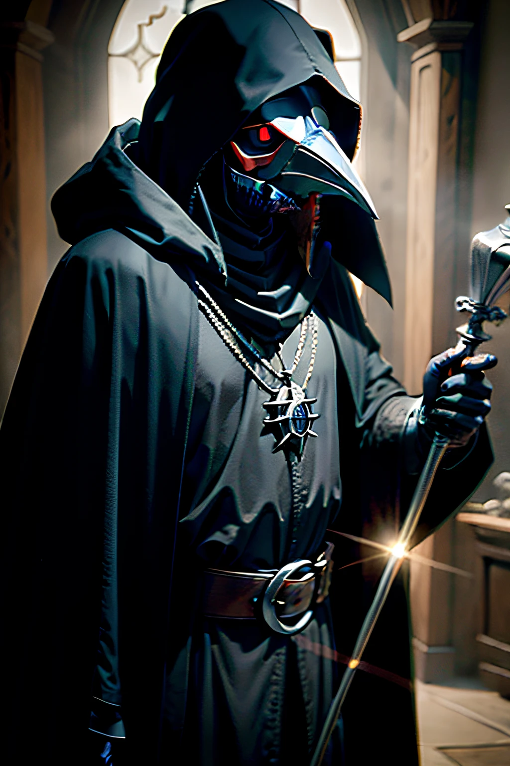 Medieval plague doctor,Bird's beak-like mask,Holding a scepter,a black cloak
