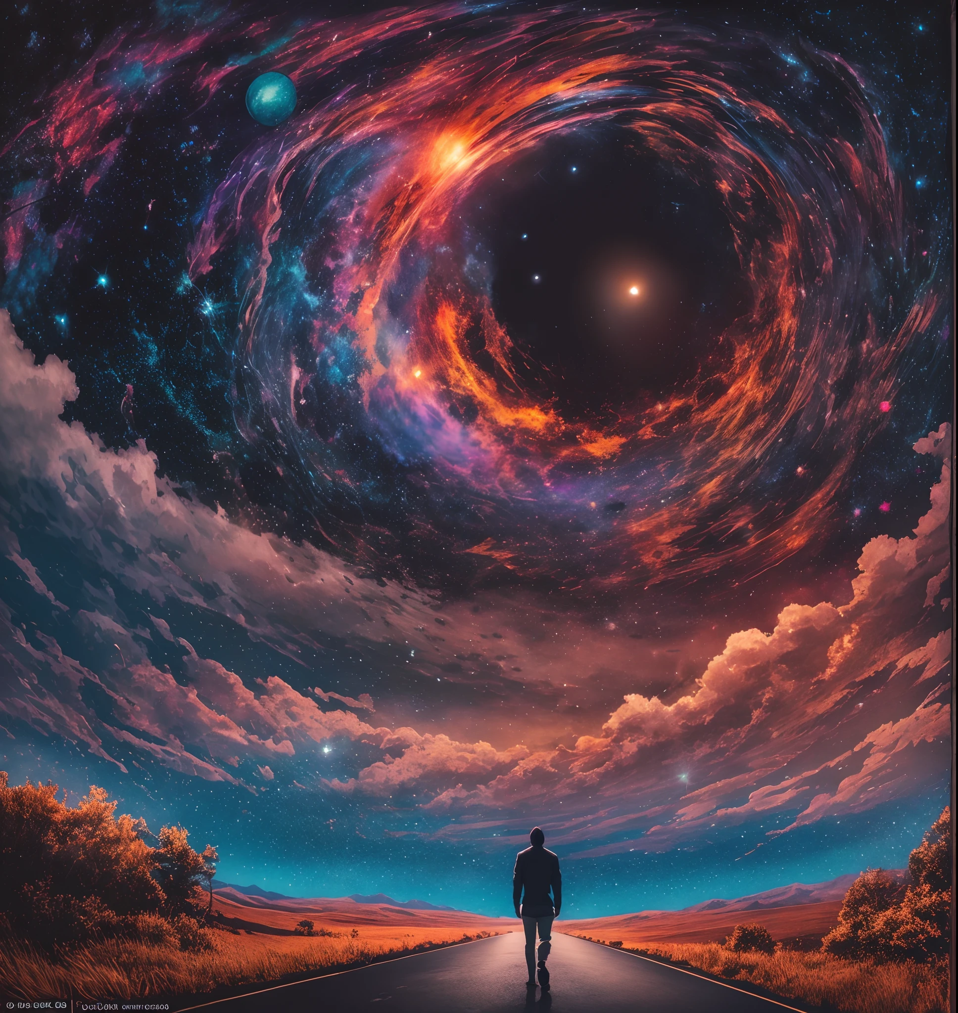 arafed image of a man walking down a road with a colorful sky in the background, looking out into the cosmos, end of the universe, surreal space, standing in outer space, in the universe, in the cosmos, at the end of the universe, the end of the universe, looking out into space, lost in the immensity of space