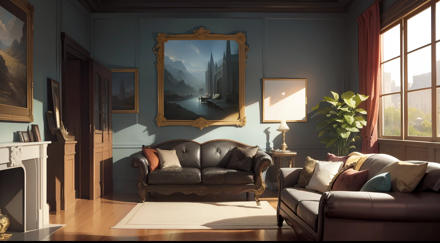 "Create mystical and captivating digital artwork, Drawing of a room with a sofa with intricate details. 、Paintings framed、The picture should evoke a sense of intrigue and elegance, As if you belong to a prestigious art gallery."