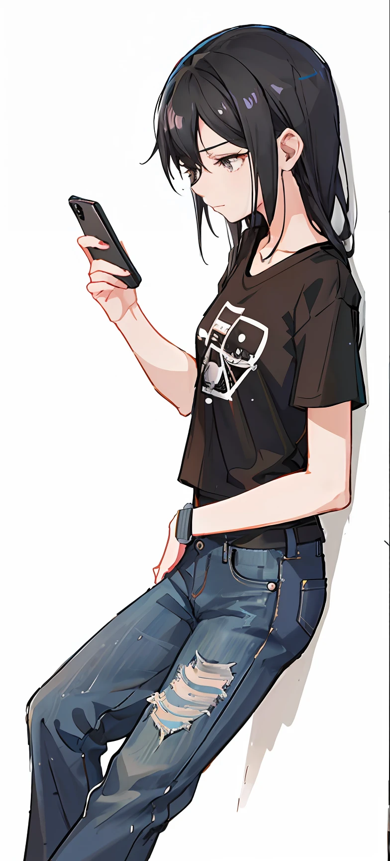 Drawing of a woman in a black shirt and jeans, drawn with photoshop, Small bird's eye view,(Pose leaning against the wall), jaidenanimations, wearing pants and a t-shirt, anime pose, Casual pose, looking at his phone, sketchy artstyle, cellshading!!!, with index finger, faded drawing, zoomed out full body,