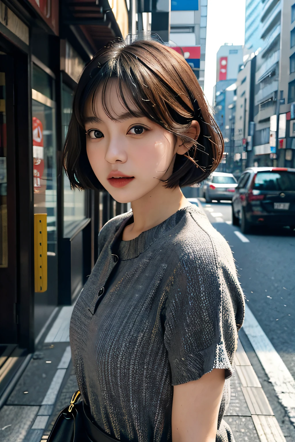 1girl、Streets of Tokyo、daytime、A city scape、、The upper part of the body、a closeup、8k、RAW Photography、top-quality、masterpiece、realisitic、Photorealsitic、Short Bob、