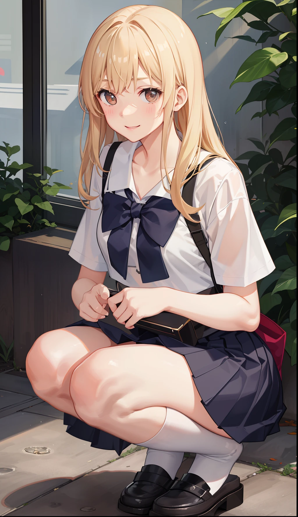 1girl in、A smile、The shirt、skirt by the、（small tits）Chilarism、Japan High School Student Uniform、serafuku、summer clothing、Squall Drenched Uniform、（Sheer Bra）、Upper body portrait、blonde  hair、Squatting panchira、