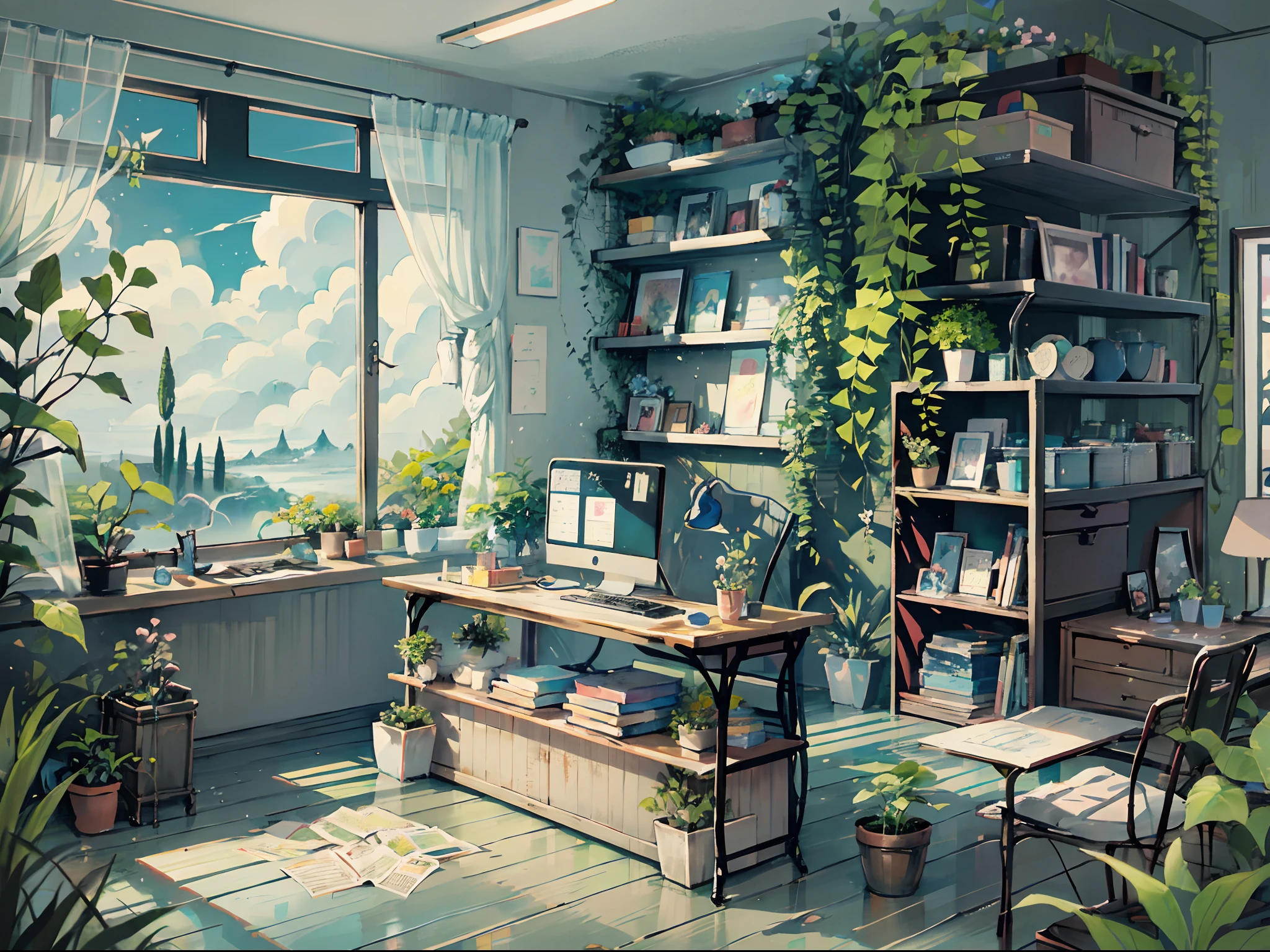 Ghibli fairy tale style a desk surrounded by flower field, green plants, panoramic windows nature view, blue sky highly detailed, intricate details, objects like monitor keyboard, 4 pictures on the wall, containers of succulents, books, astrolabe, cacti in containers, by ghibli anime style